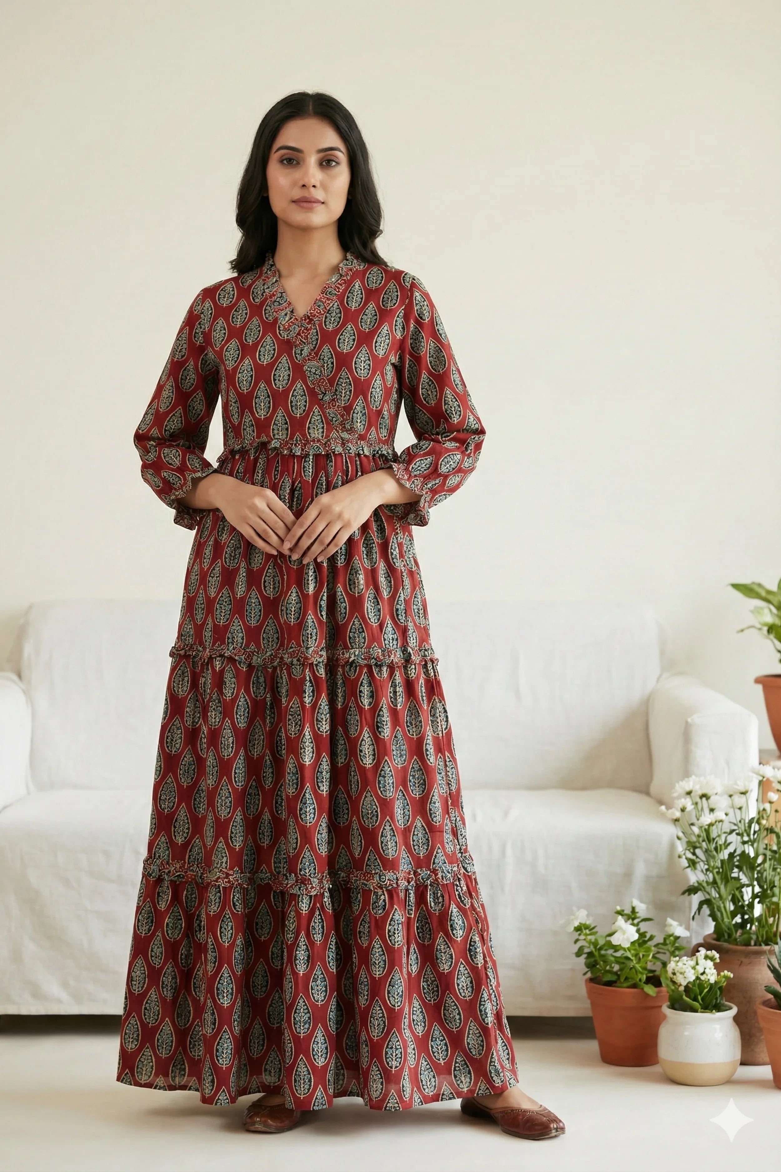 Red Hand Printed Tiered Maxi Dress