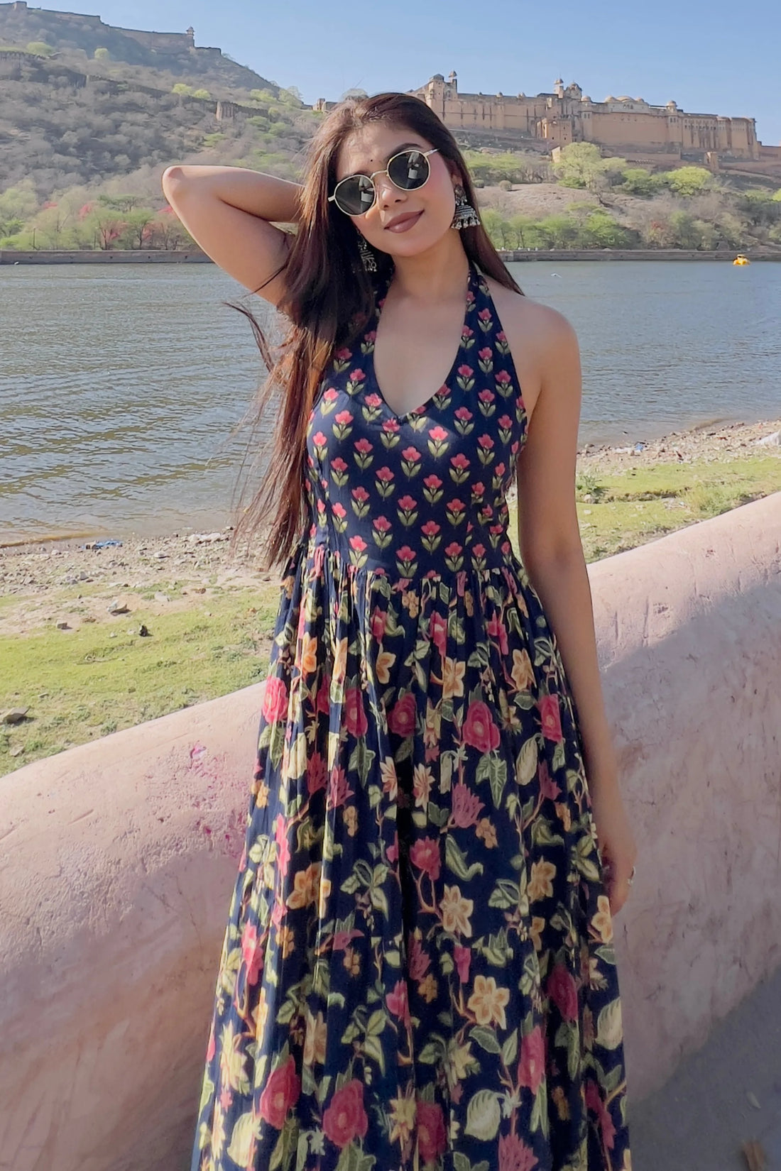 Blue Floral Hand Printed Halter Maxi Dress