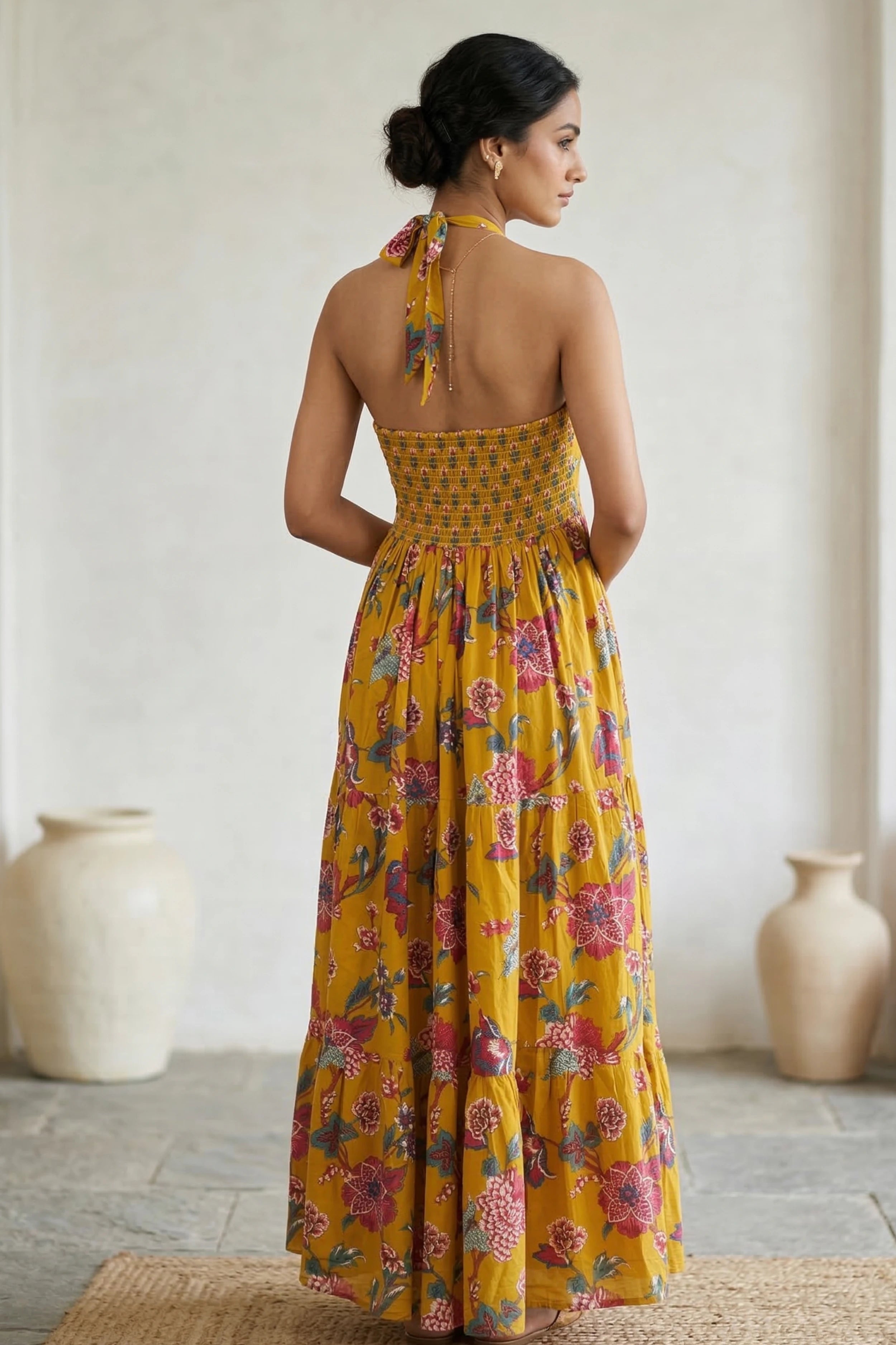 Mustard Floral Hand Printed Halter Maxi Dress
