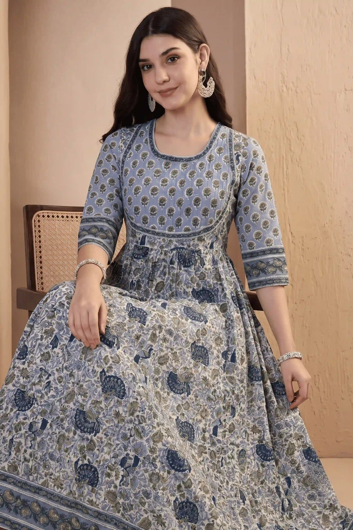 Blue Hand Block Printed Anarkali Dress with Peacock Motifs