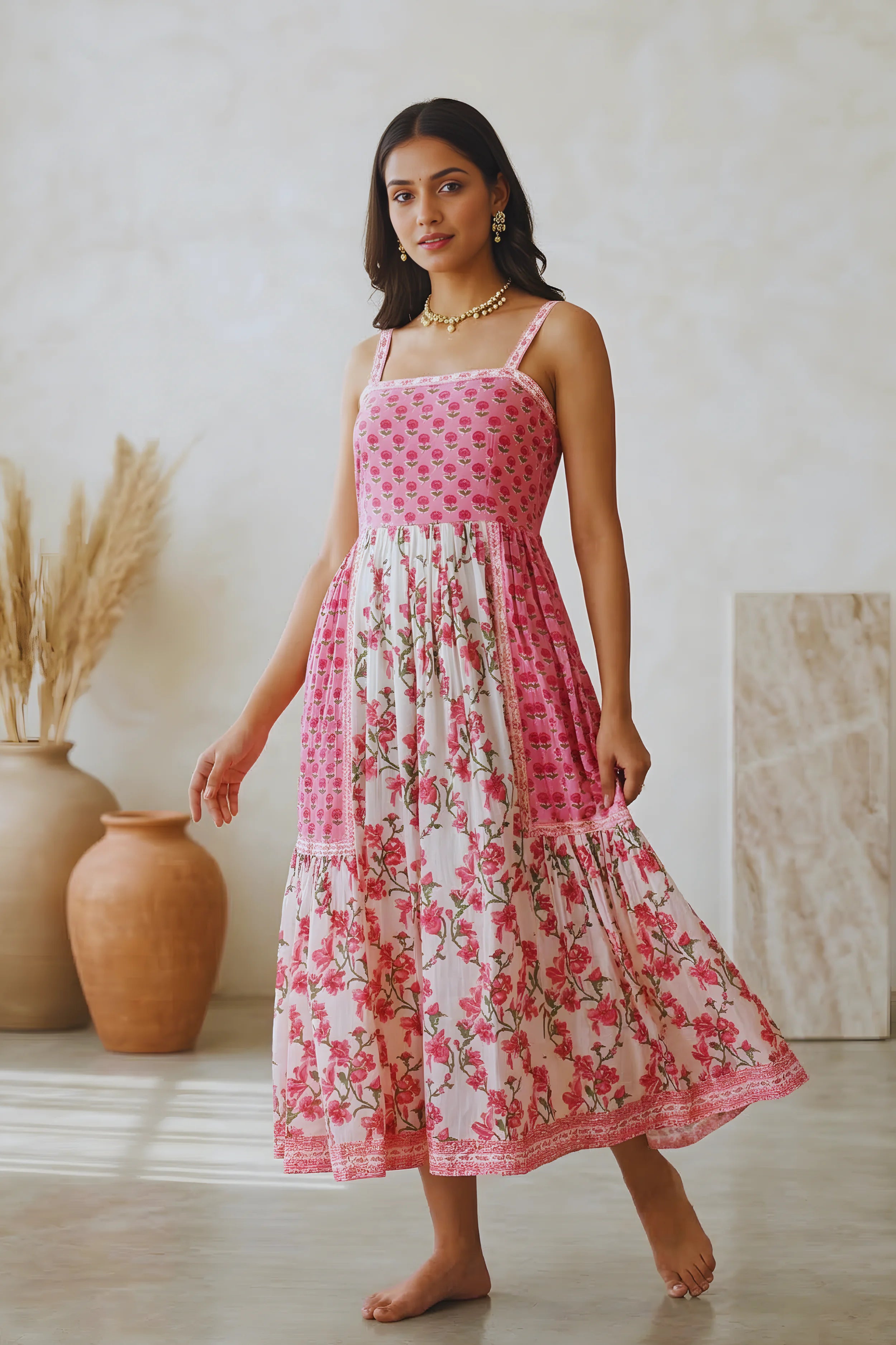 Blush Pink Hand Block Floral Printed Sleeveless Tiered Midi Dress
