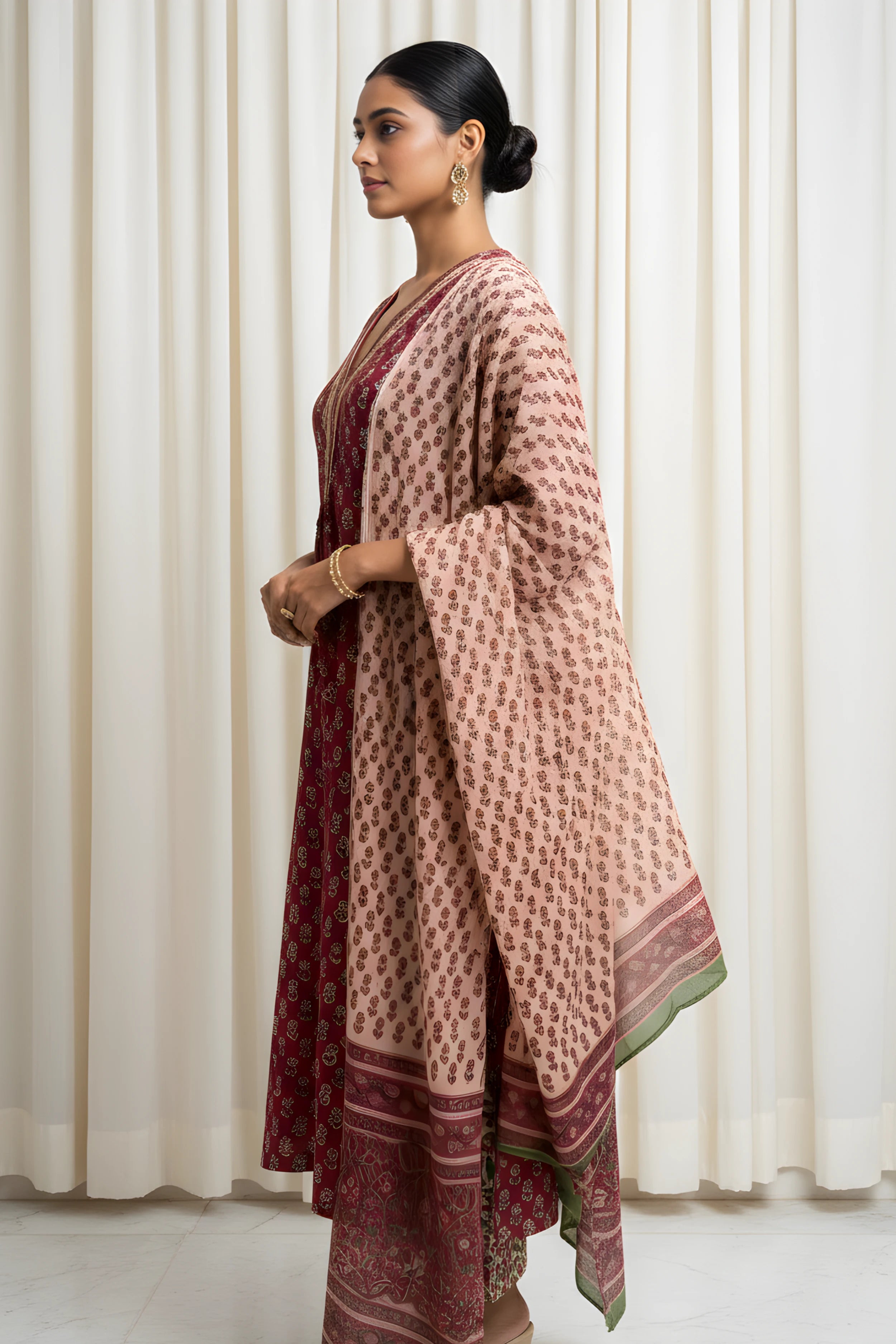 Maroon Hand Block Printed Straight Kurta Set with Dupatta
