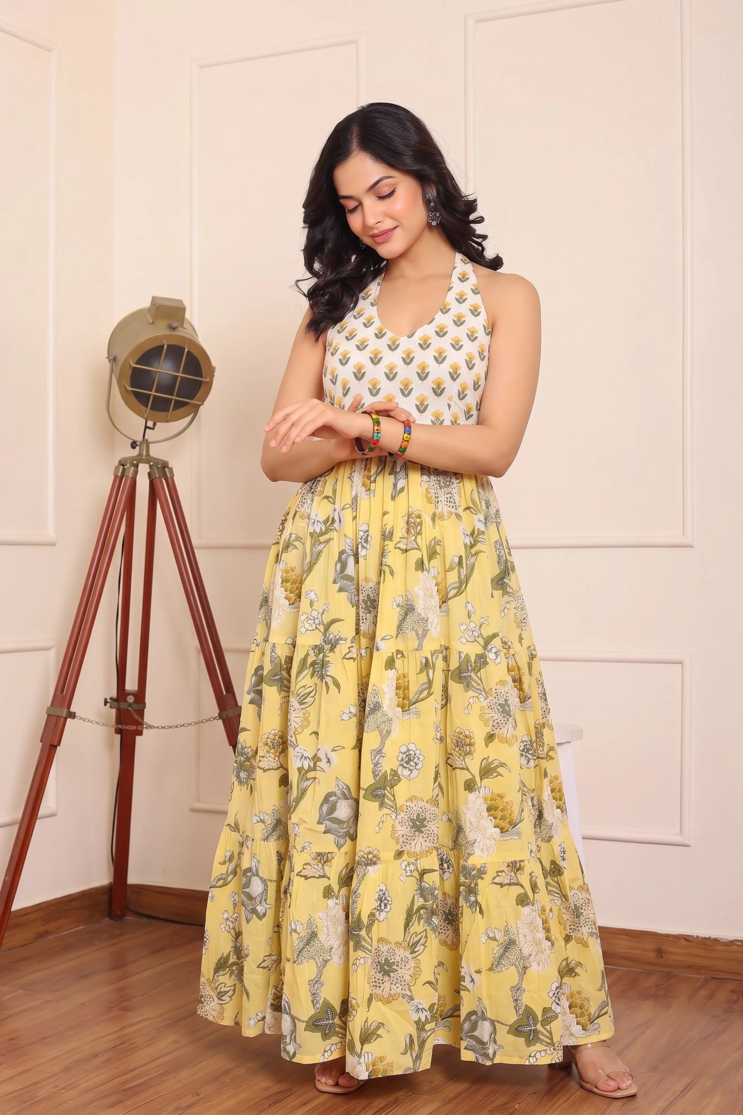 Yellow Floral Hand Printed Halter Maxi Dress