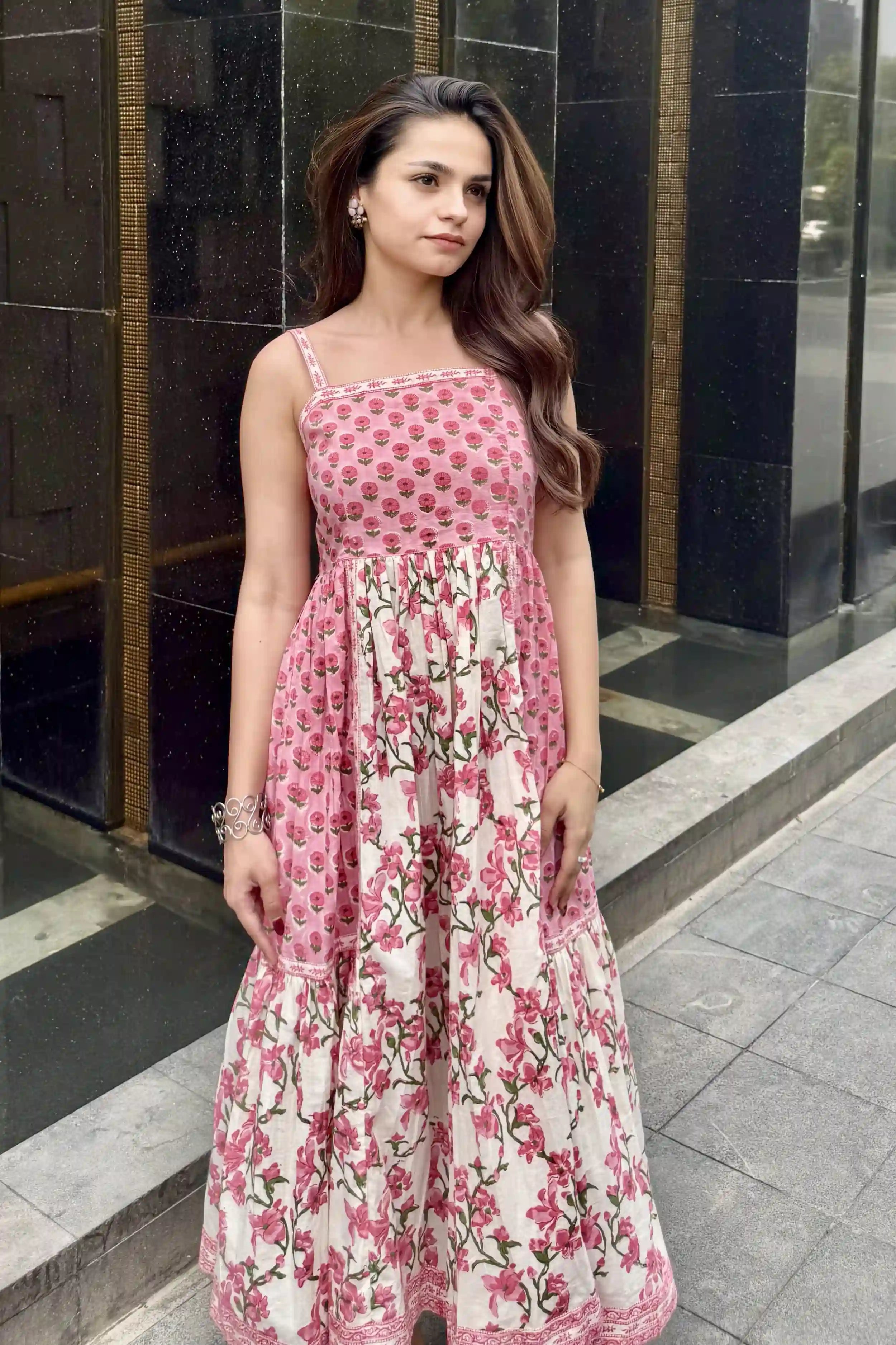 Blush Pink Hand Block Floral Printed Sleeveless Tiered Midi Dress