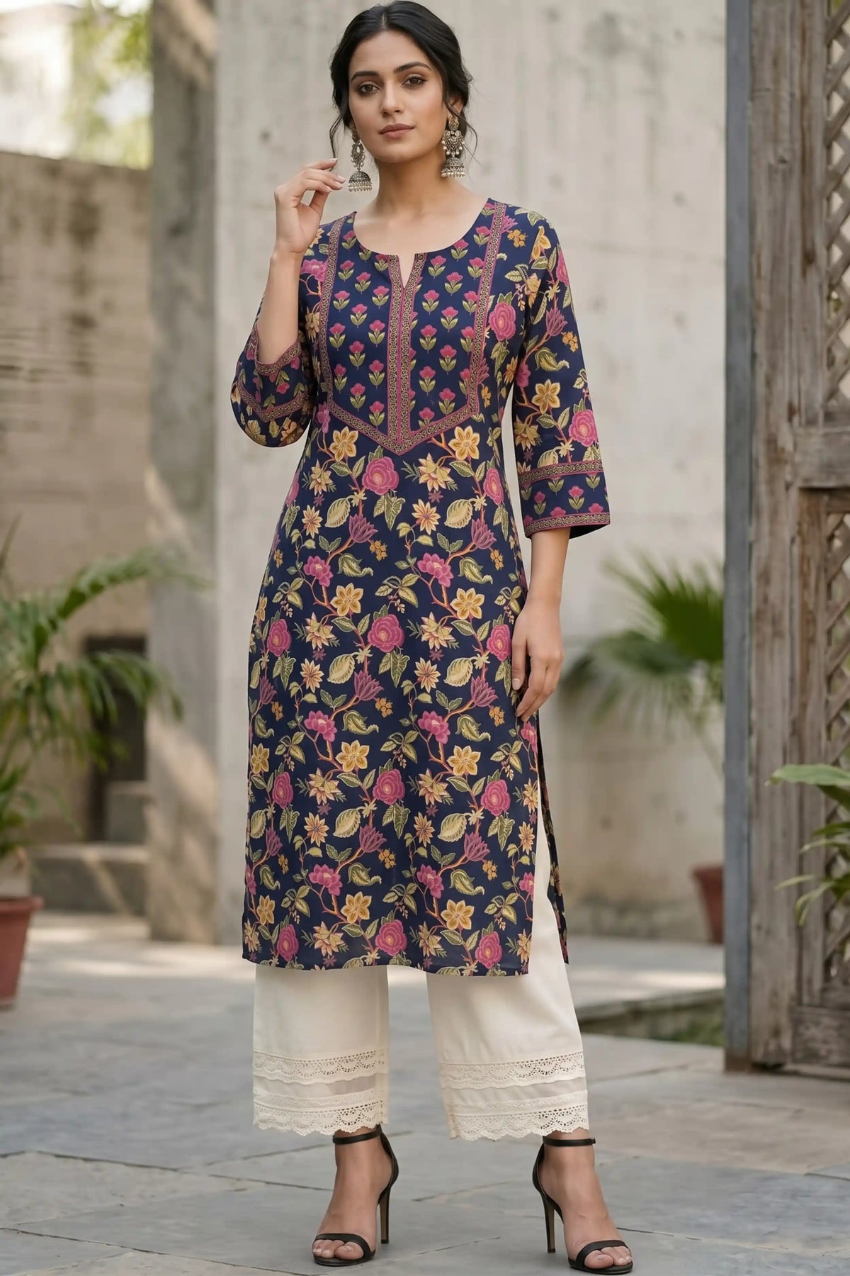 Navy Hand Printed Straight cotton Kurta