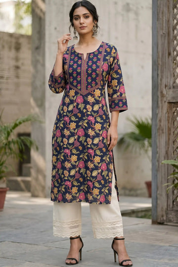 Navy Hand Printed Straight cotton Kurta