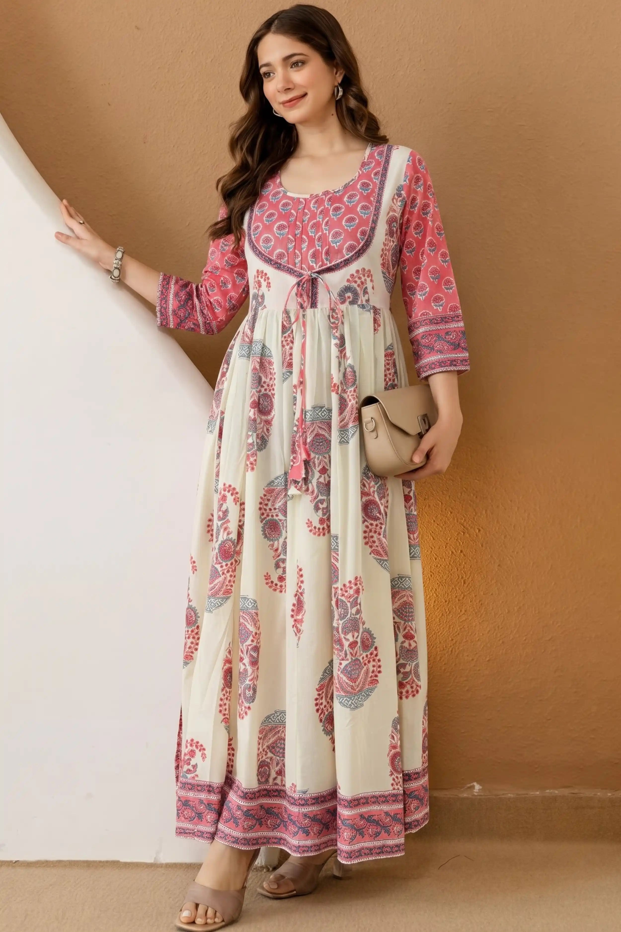 Peach Hand Block Floral Printed Anarkali Maxi Dress