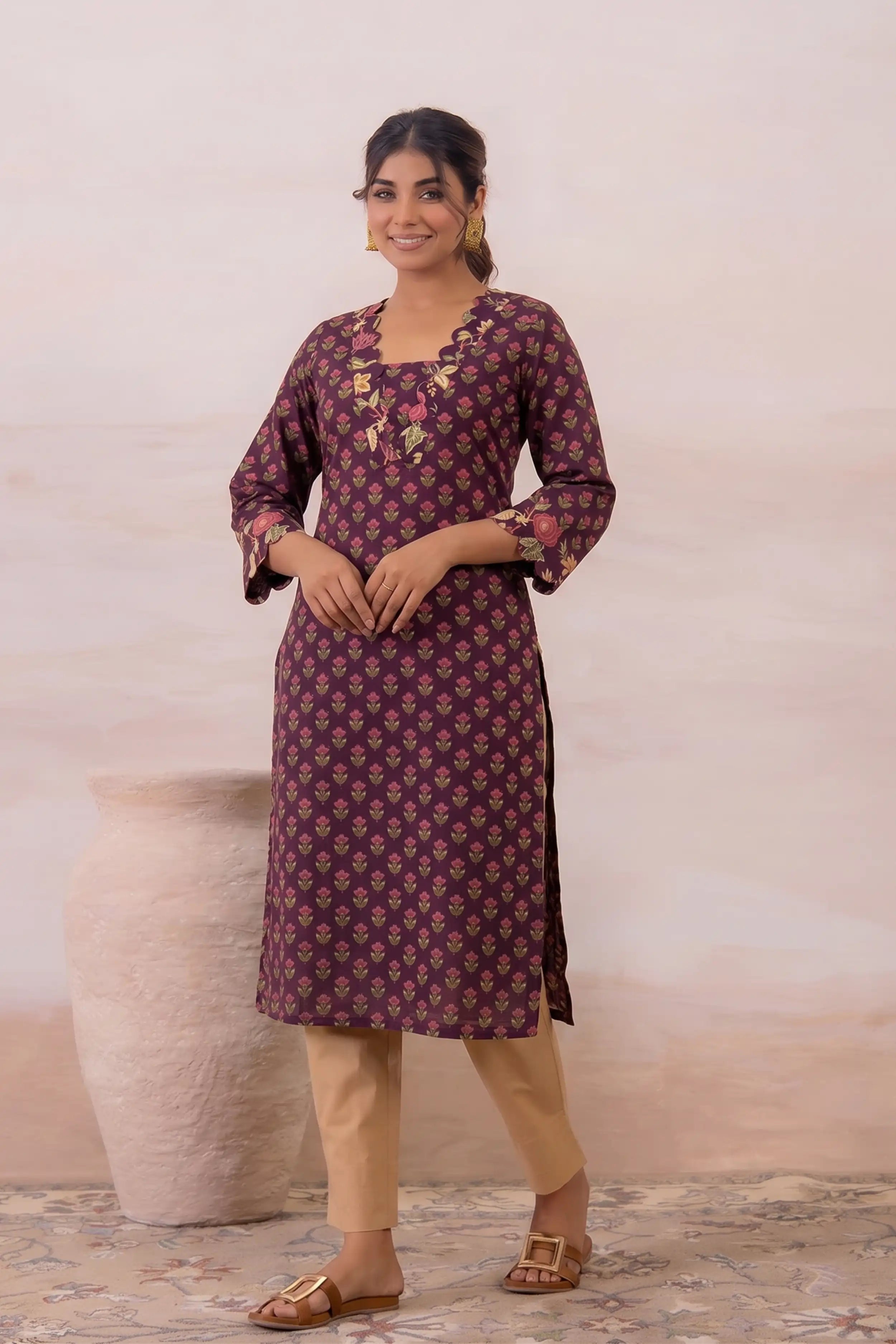 Burgundy Floral Printed Cotton Straight Kurta
