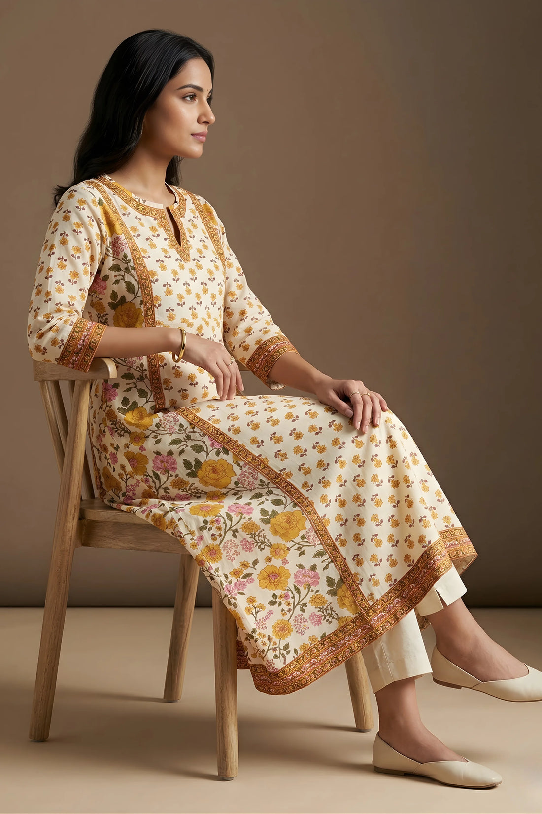 Yellow Hand Printed A-line Kurta