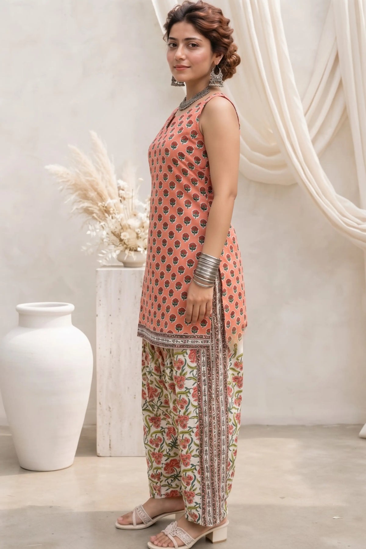 Orange Sleeveless Round Neck Kurti with Trouser