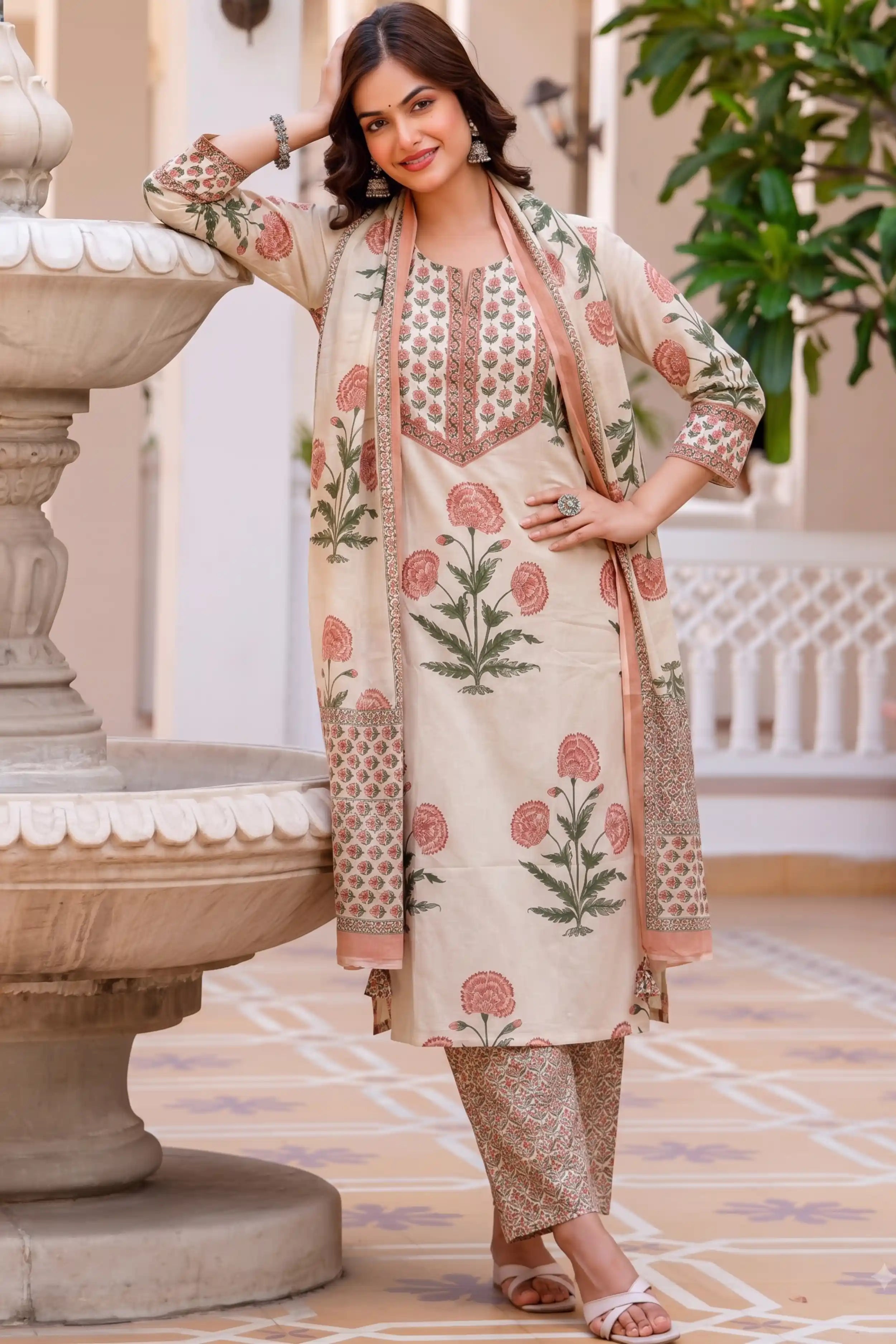 Peach Straight Kurta Set with Cotton Dupatta