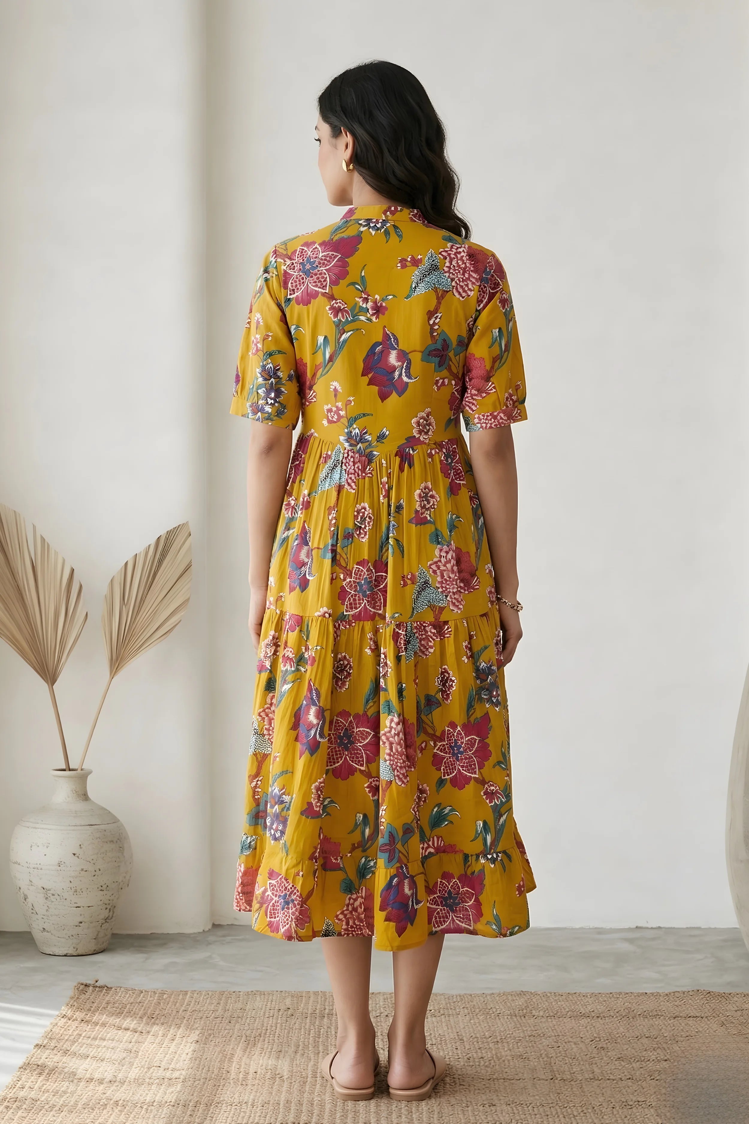 Mustard Floral Printed Tiered Fit & Flare Cinderella Dress