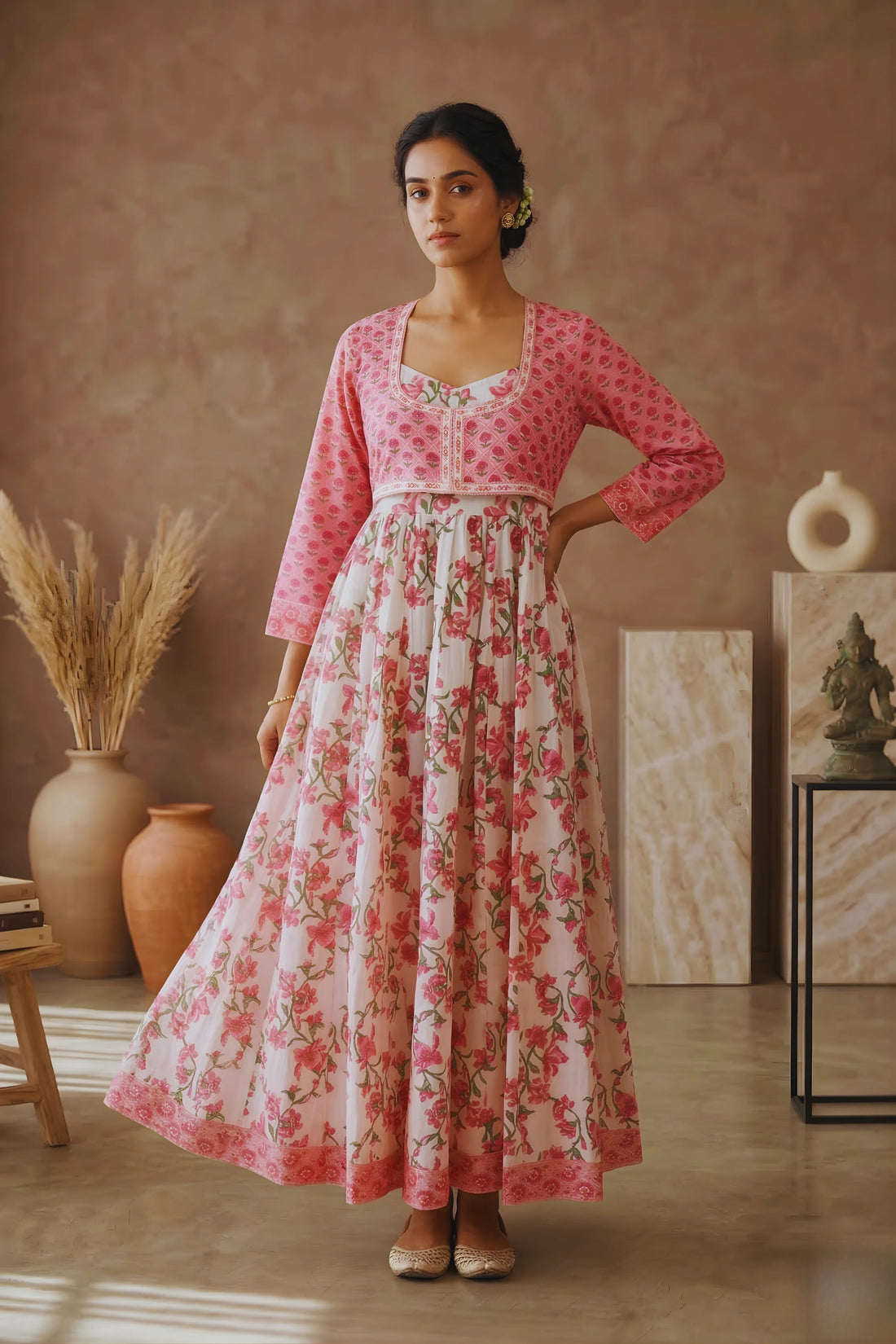 Baby Pink Hand Block Floral Printed Anarkali Maxi Kurta