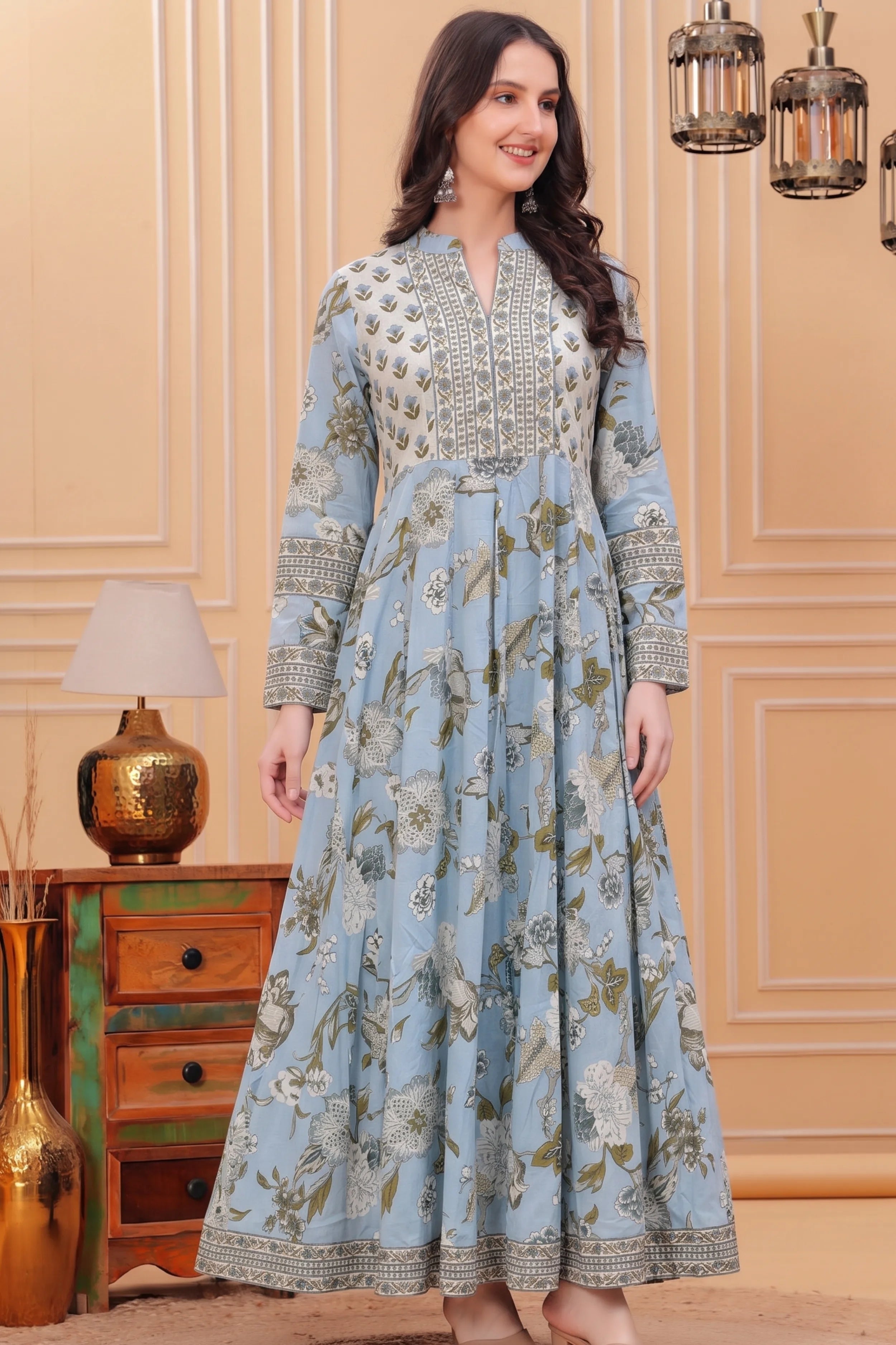 Sky Blue Floral Hand Printed Anarkali Maxi Dress