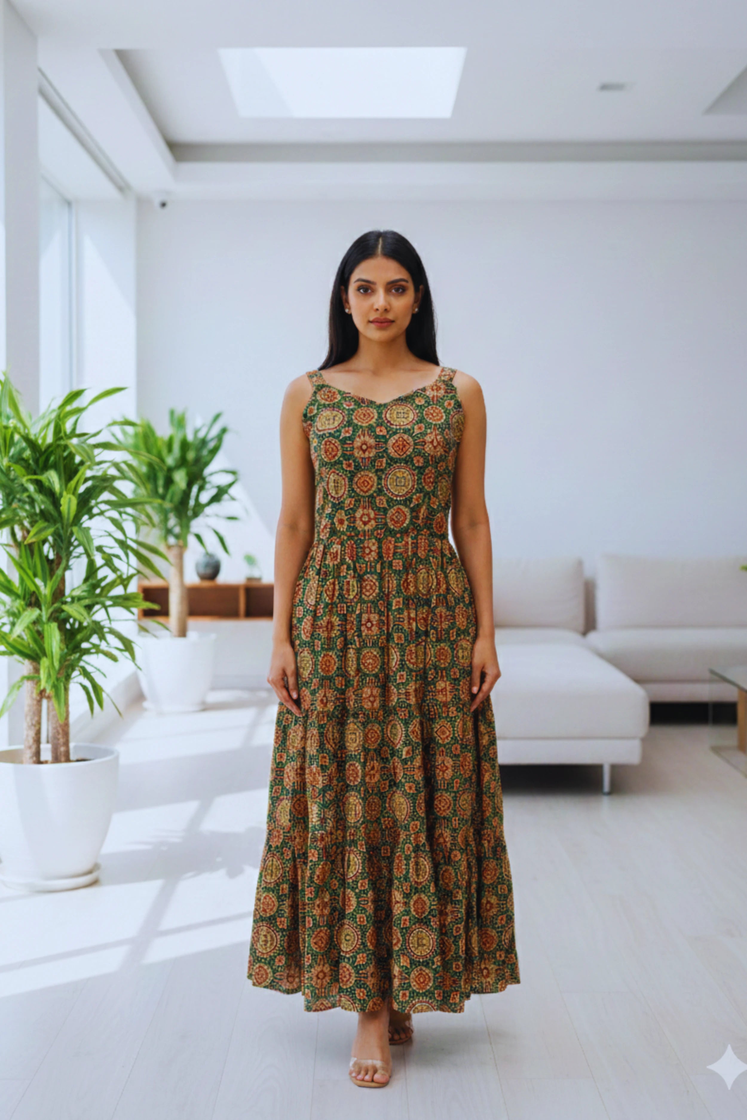 Bottle Green Ajrak Printed Sleeveless Cotton Maxi Dress