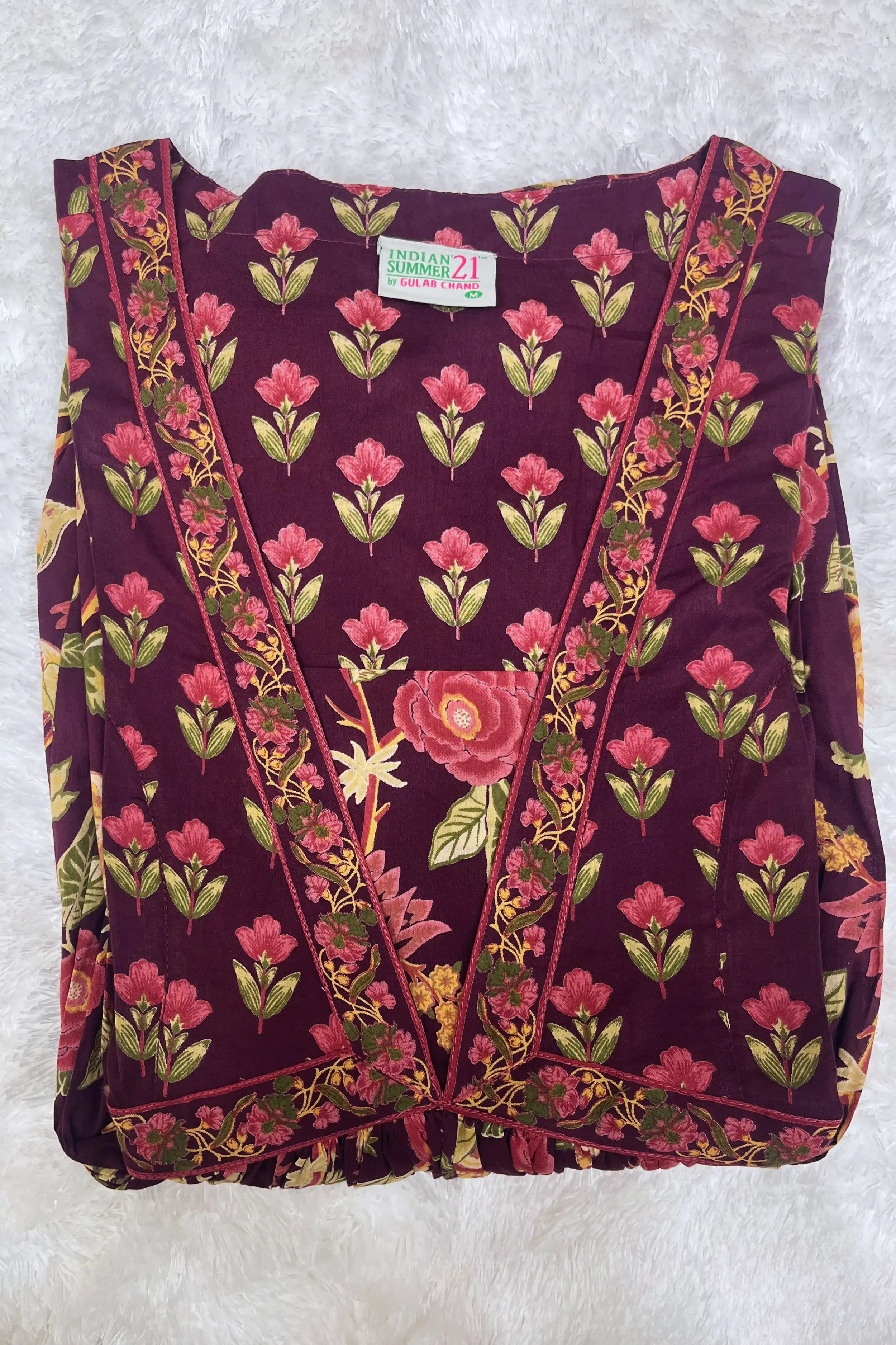 Burgundy Flared Anarkali Cotton Kurta with Floral Print