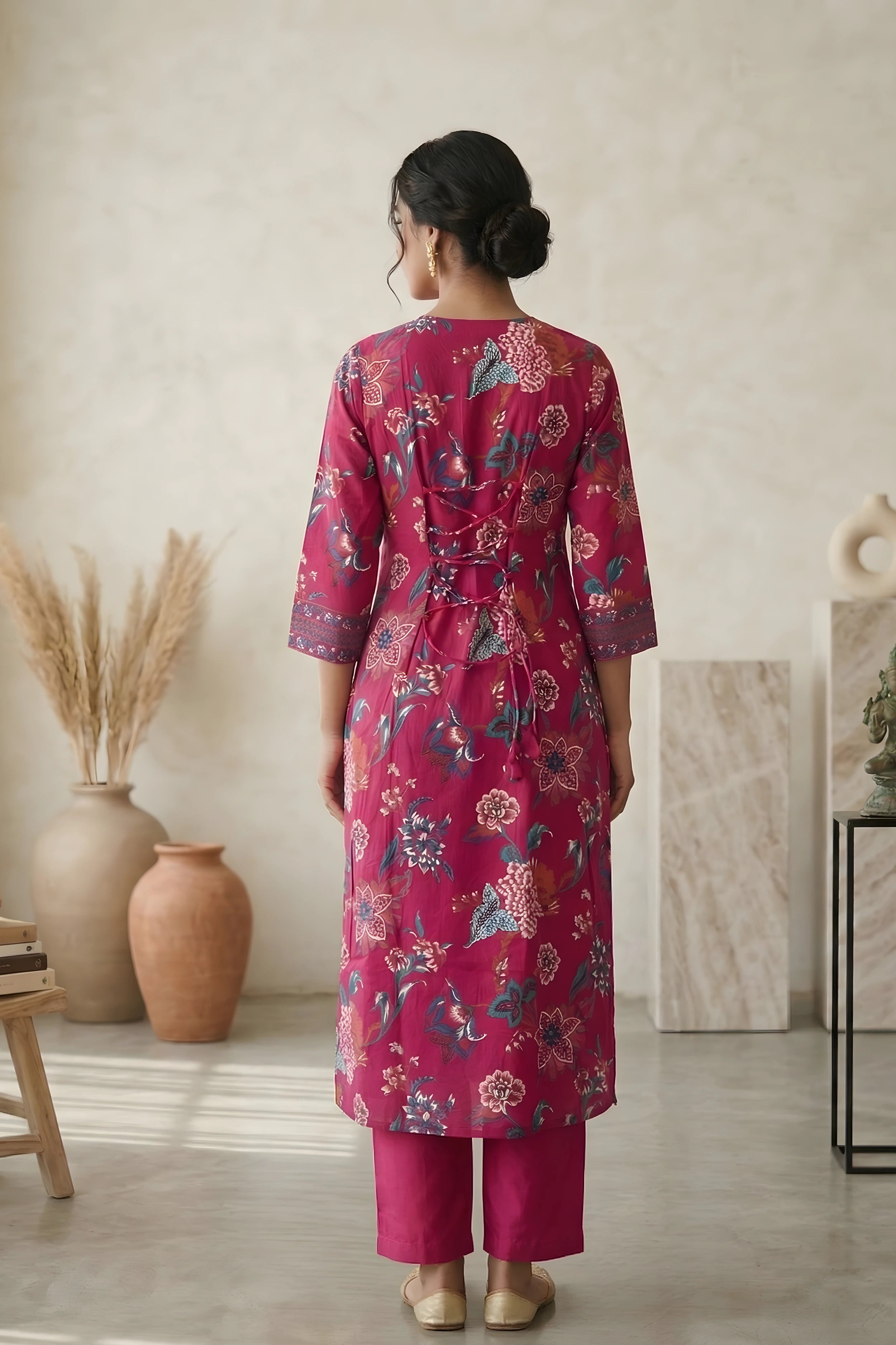 Pink Floral Hand Printed Corset Back Straight Kurta