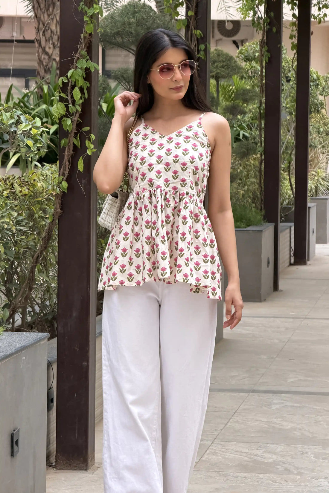 Pink Floral Hand Printed Cotton Spaghetti Top with Lining