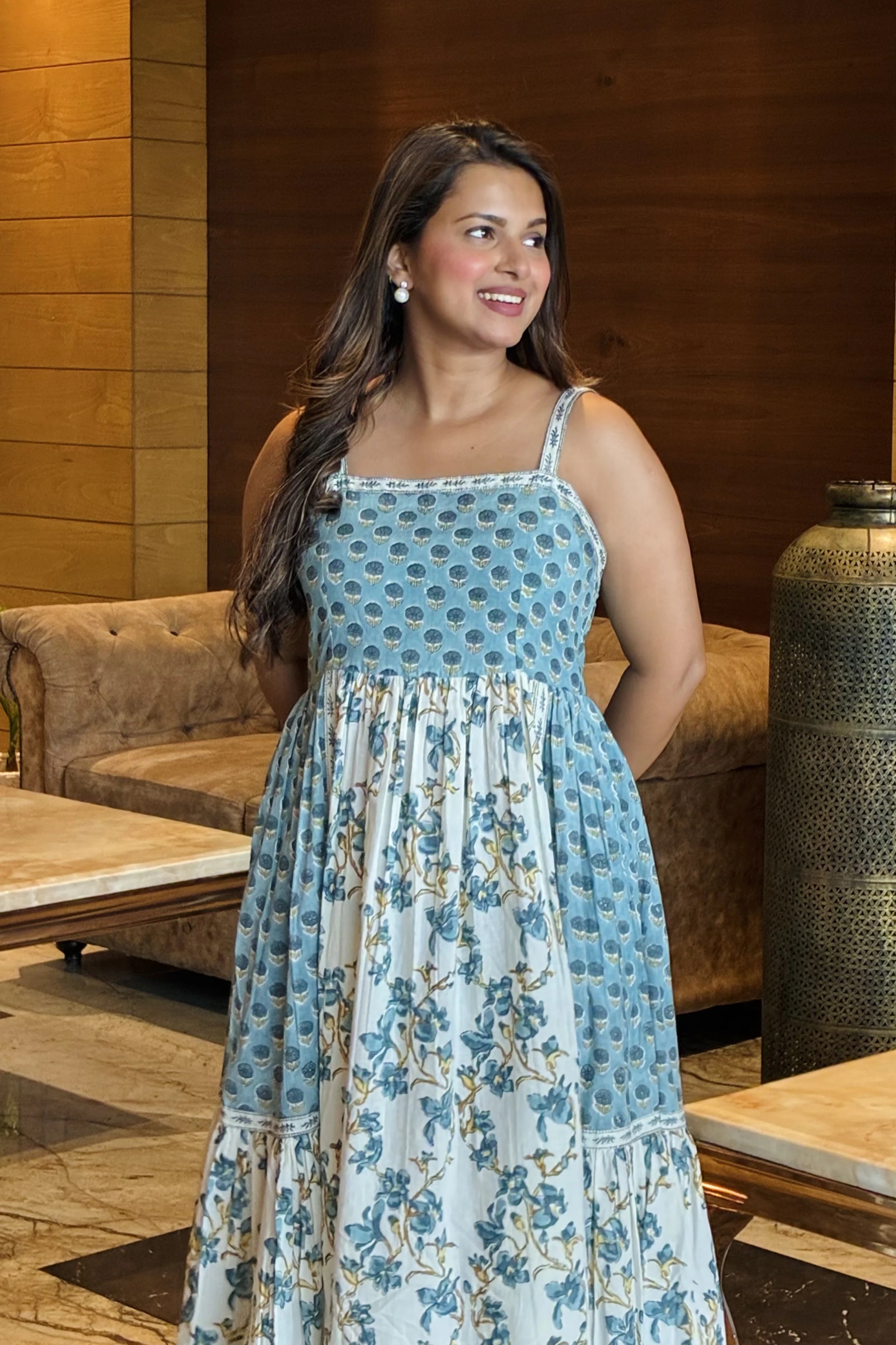 Sea Green Hand Block Floral Printed Sleeveless Tiered Midi Dress