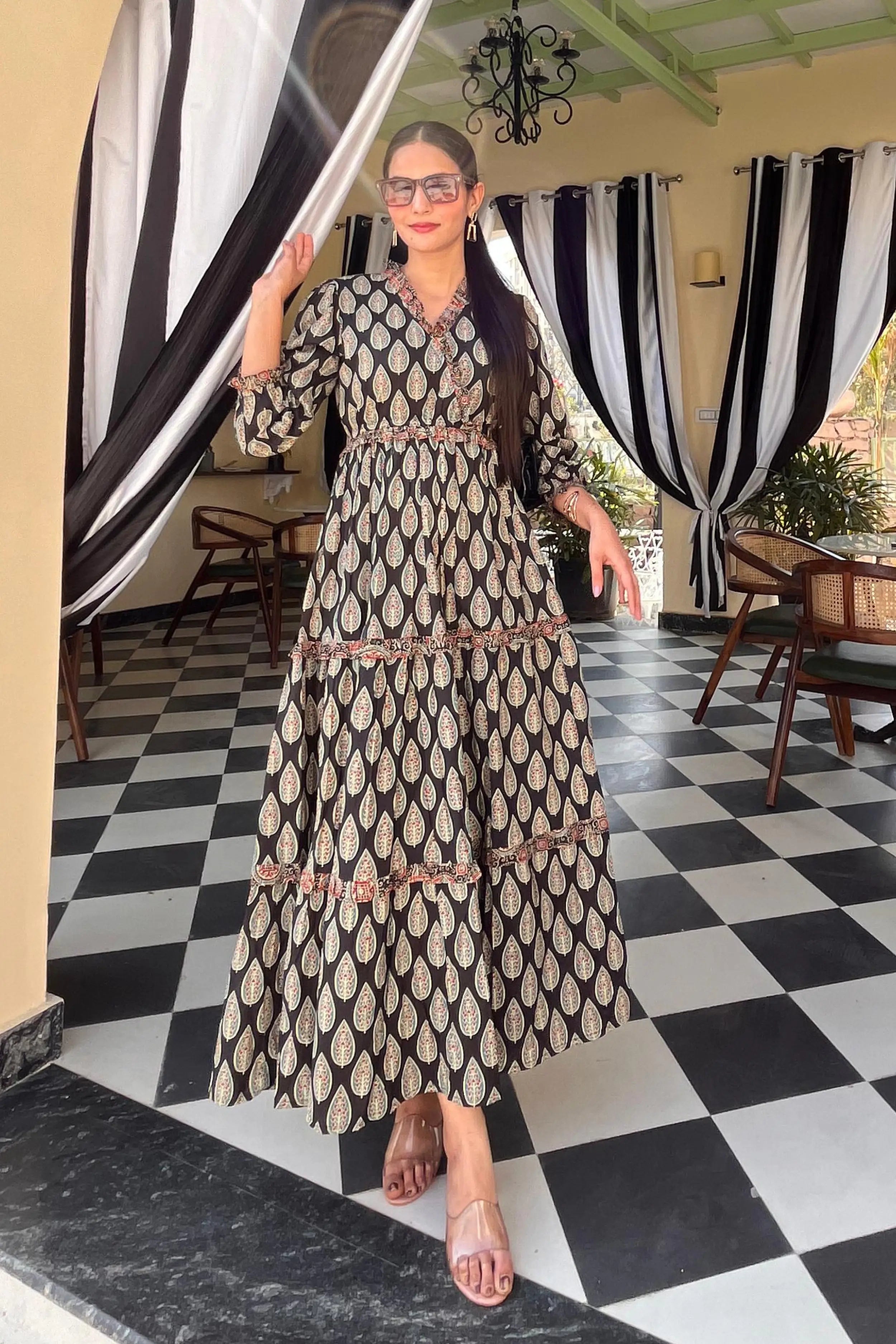 Black Hand Printed Tiered Maxi Dress