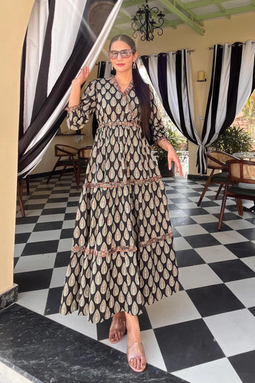 Black Hand Printed Tiered Maxi Dress