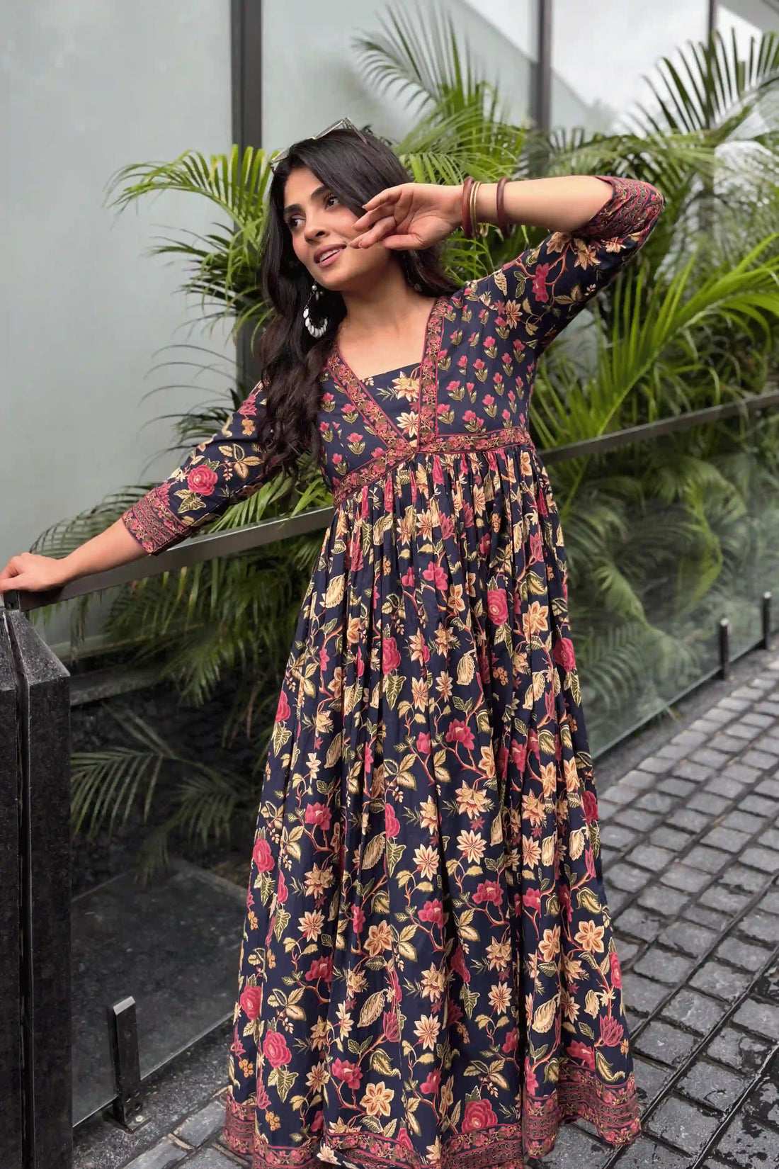 Blue Flared Anarkali Cotton Kurta with Floral Print