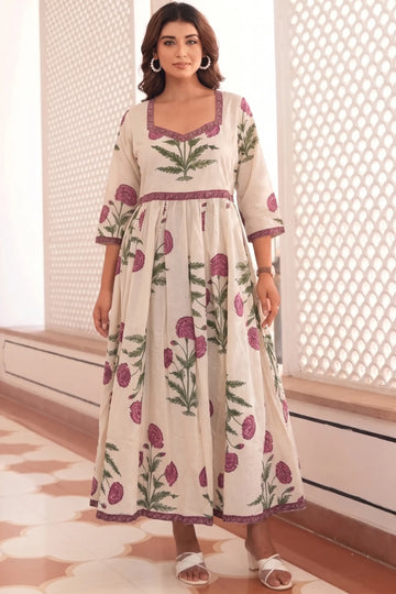 Pink Hand-Printed Anarkali Maxi Dress