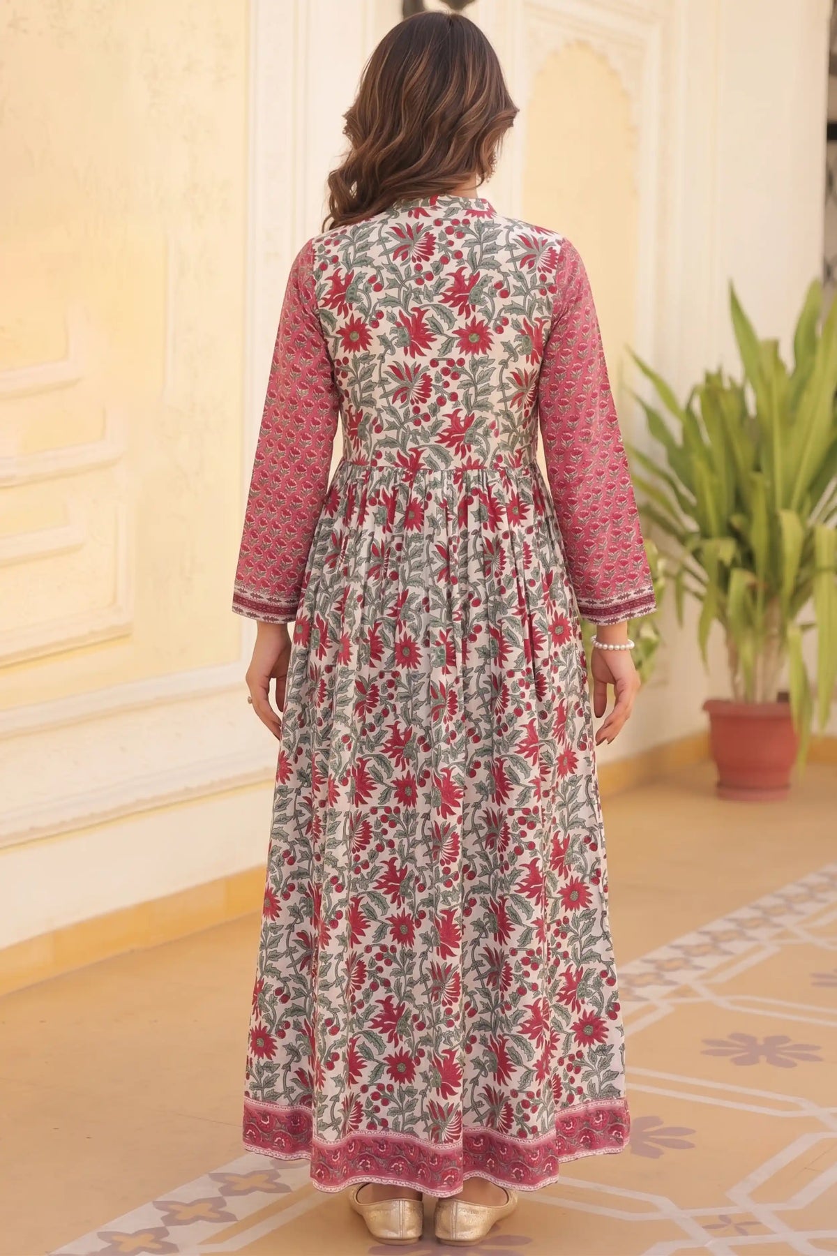 Red Round Neck Hand Block Printed Anarkali Maxi Dress