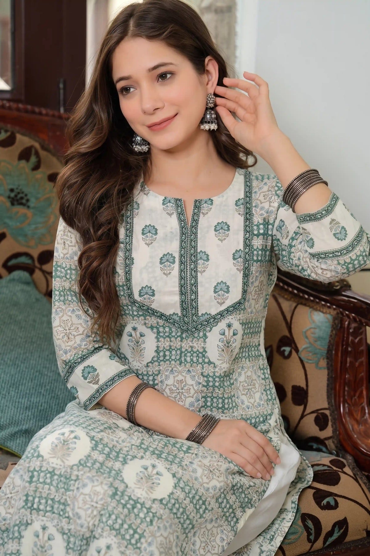 Green Hand Printed Straight cotton Kurta