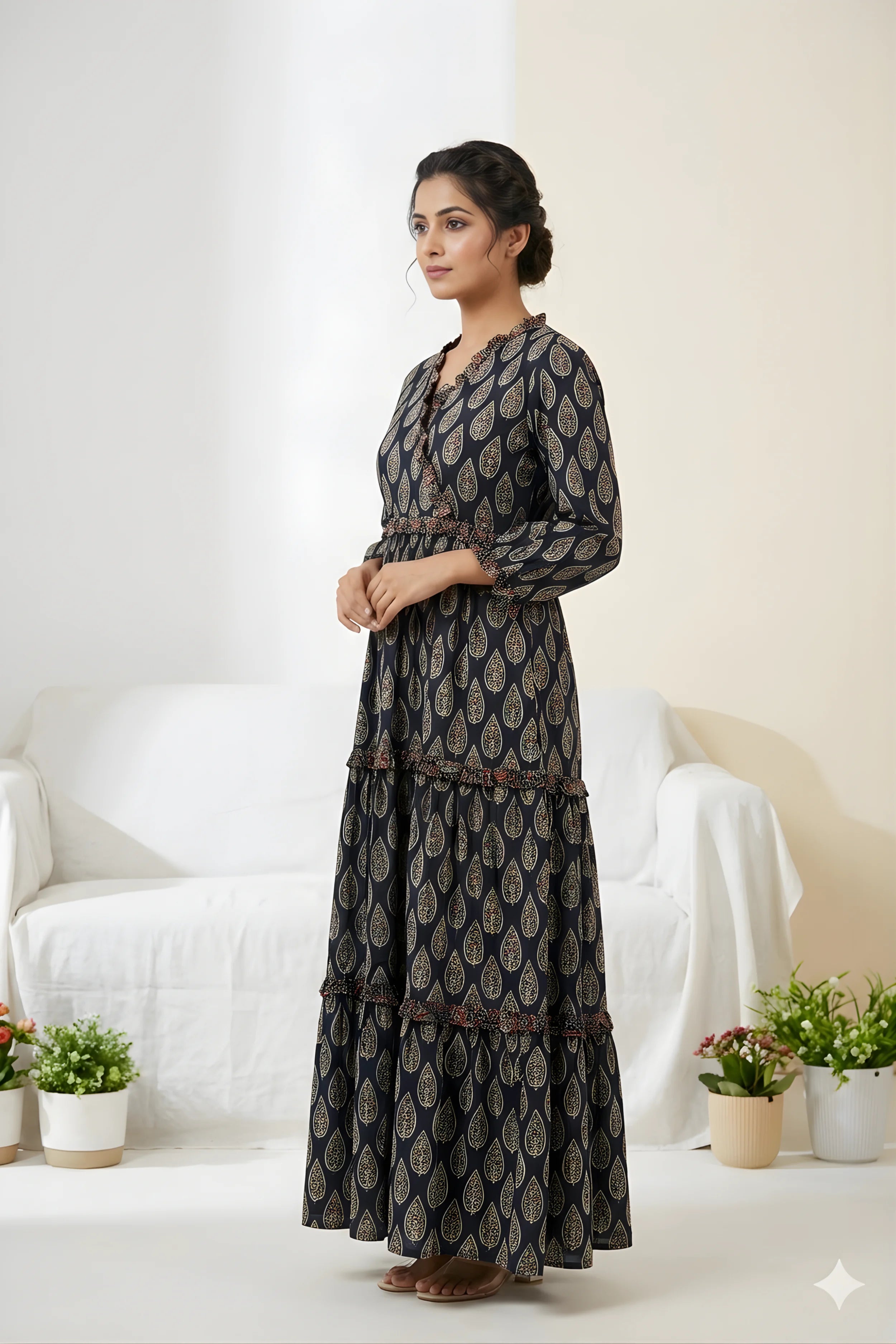 Black Hand Printed Tiered Maxi Dress