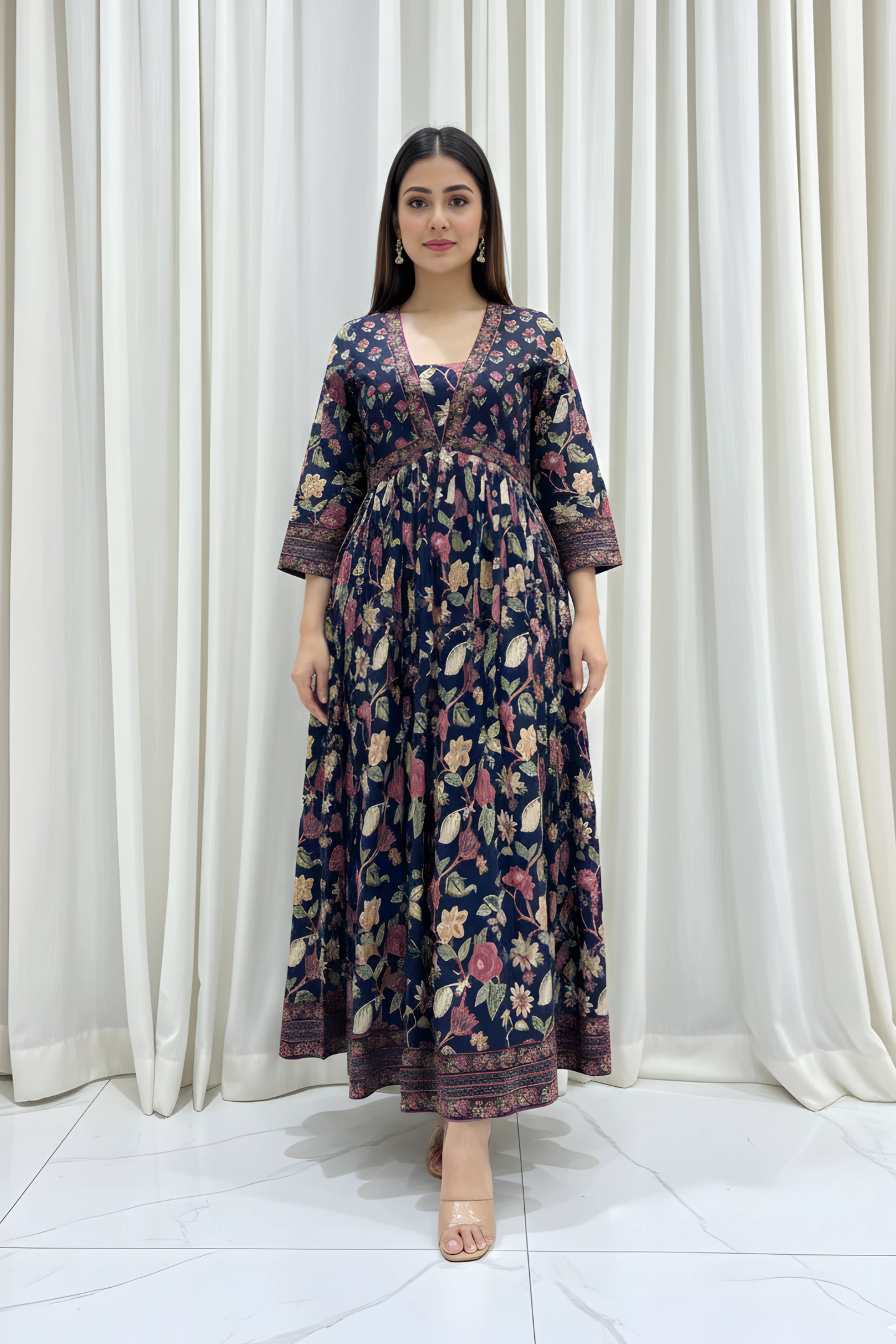 Blue Flared Anarkali Cotton Kurta with Floral Print