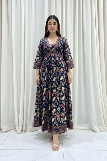 Blue Flared Anarkali Cotton Kurta with Floral Print