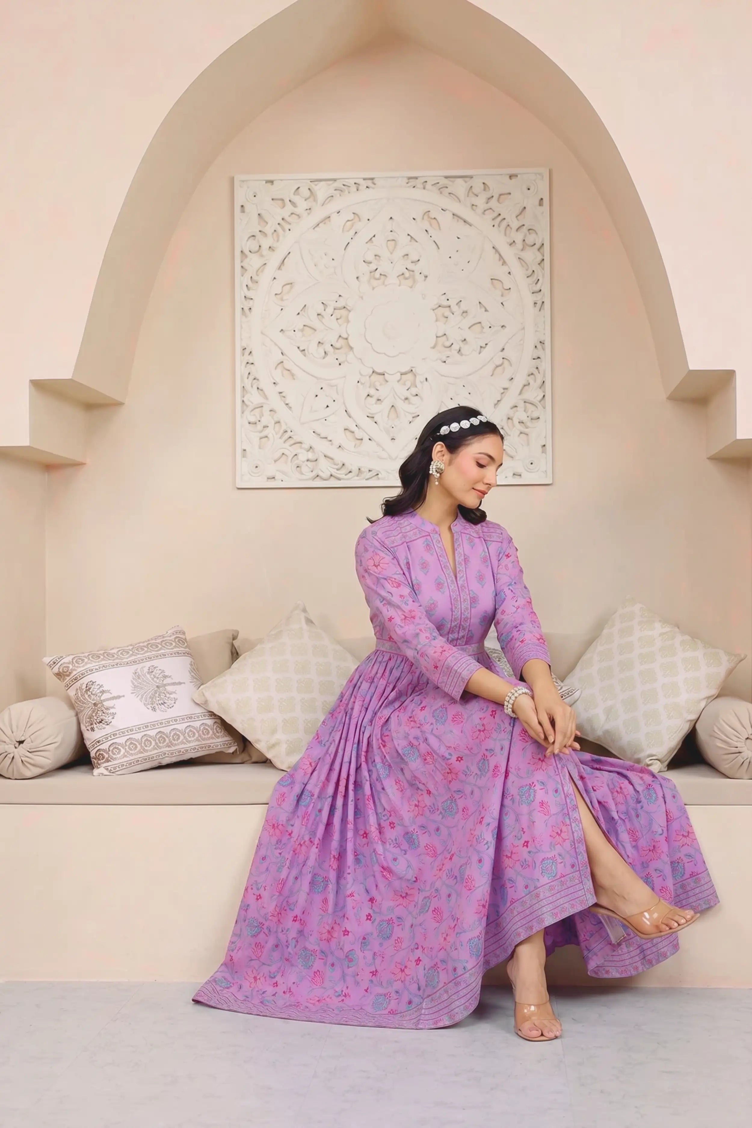 Purple Anarkali Cotton Hand Block Printed Ethnic Maxi Dress