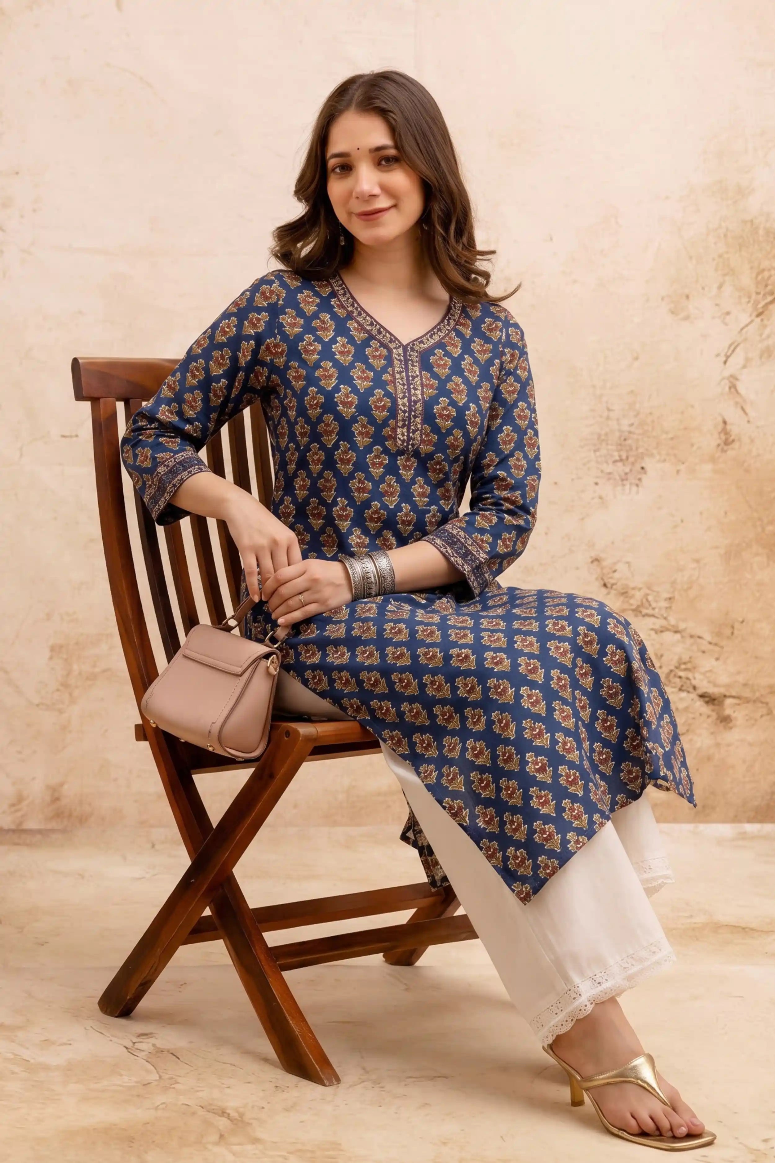 Navy Blue V-Neck Hand Printed Straight Kurta
