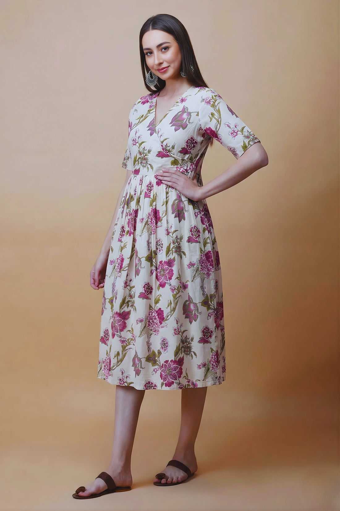 Pink Hand Printed V-Neck Midi Dress In Angrakha style