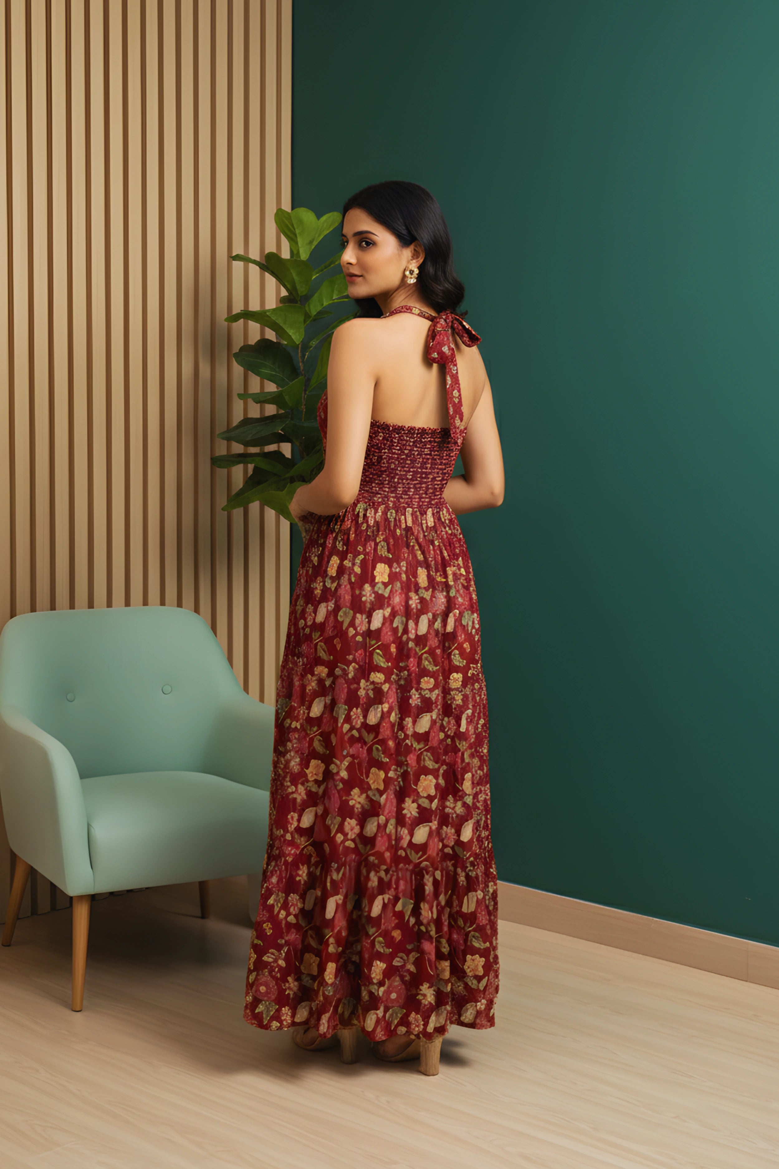 Wine Floral Hand Printed Halter Maxi Dress