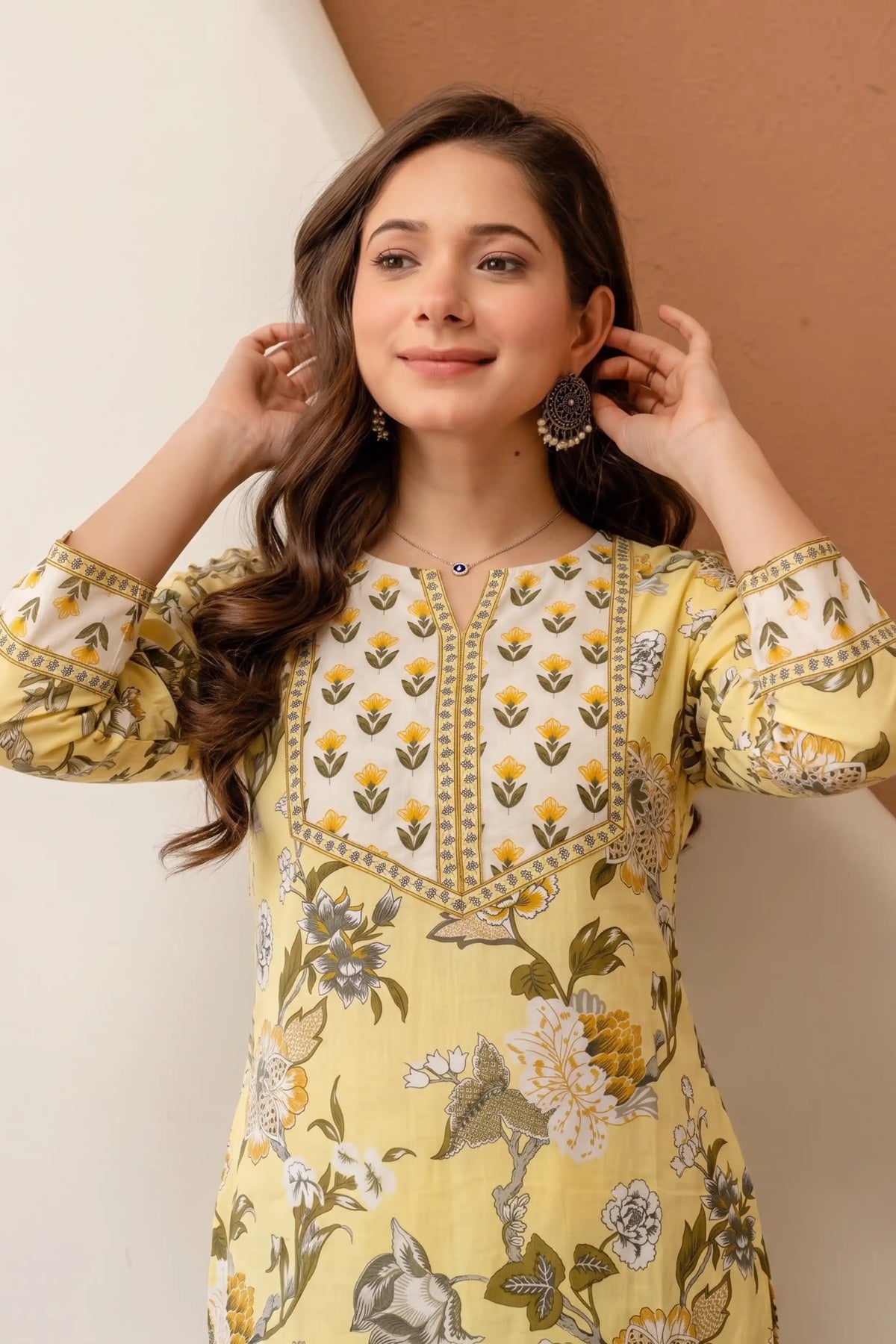 Cream Yellow Hand Printed Straight cotton Kurta