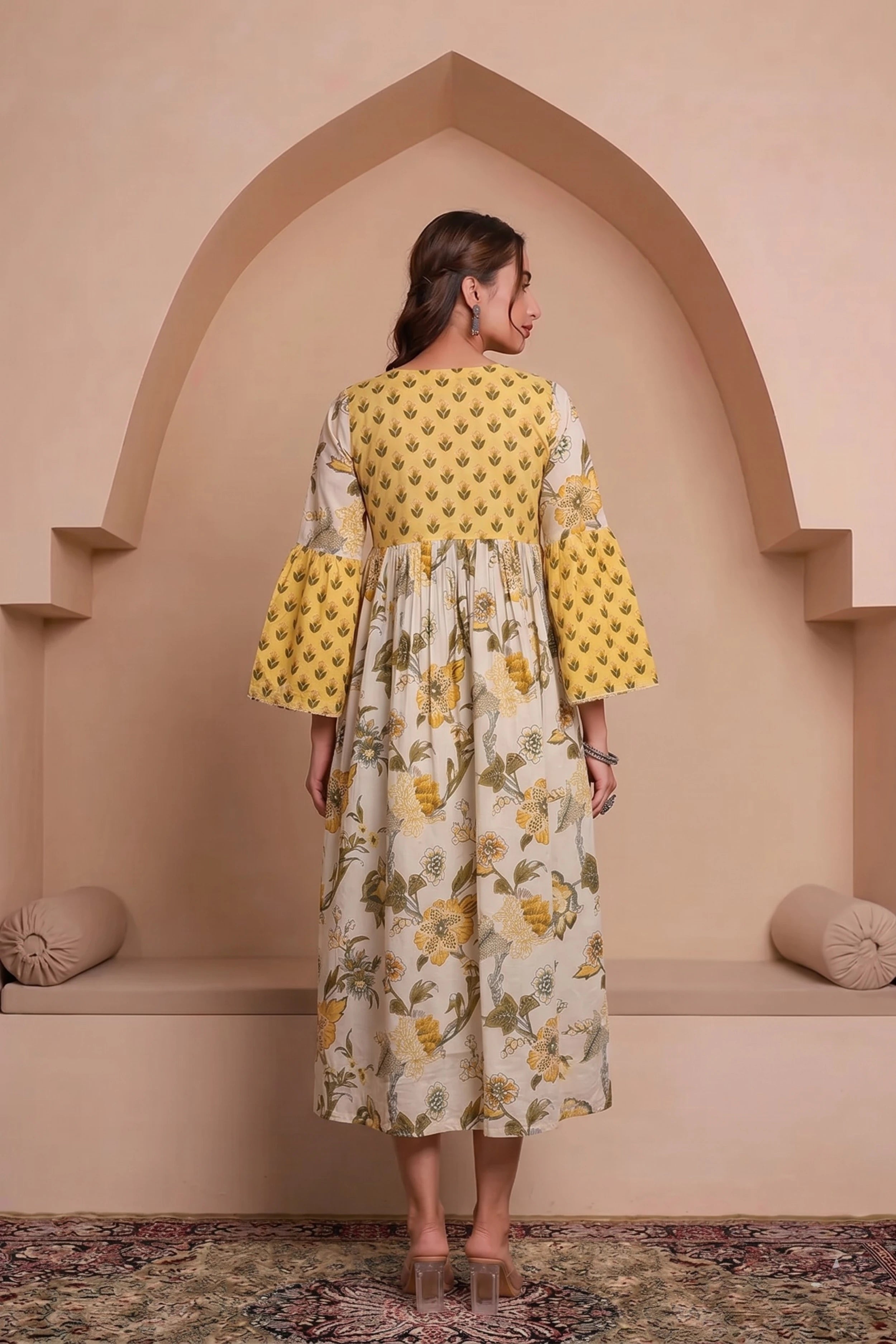 Yellow Hand Printed Floral Midi Dress with Square Neck