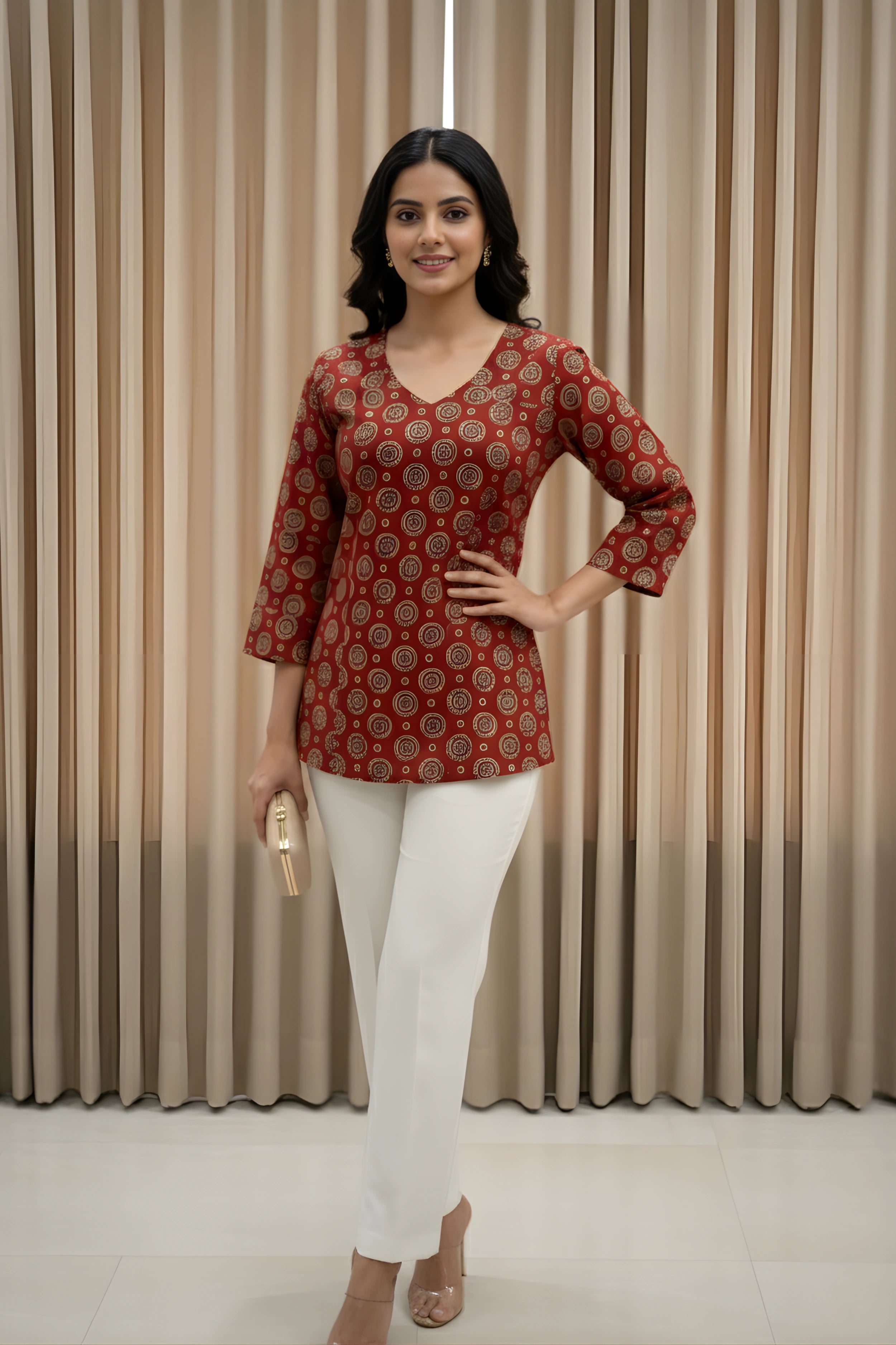 Red Hand Printed Short Kurti