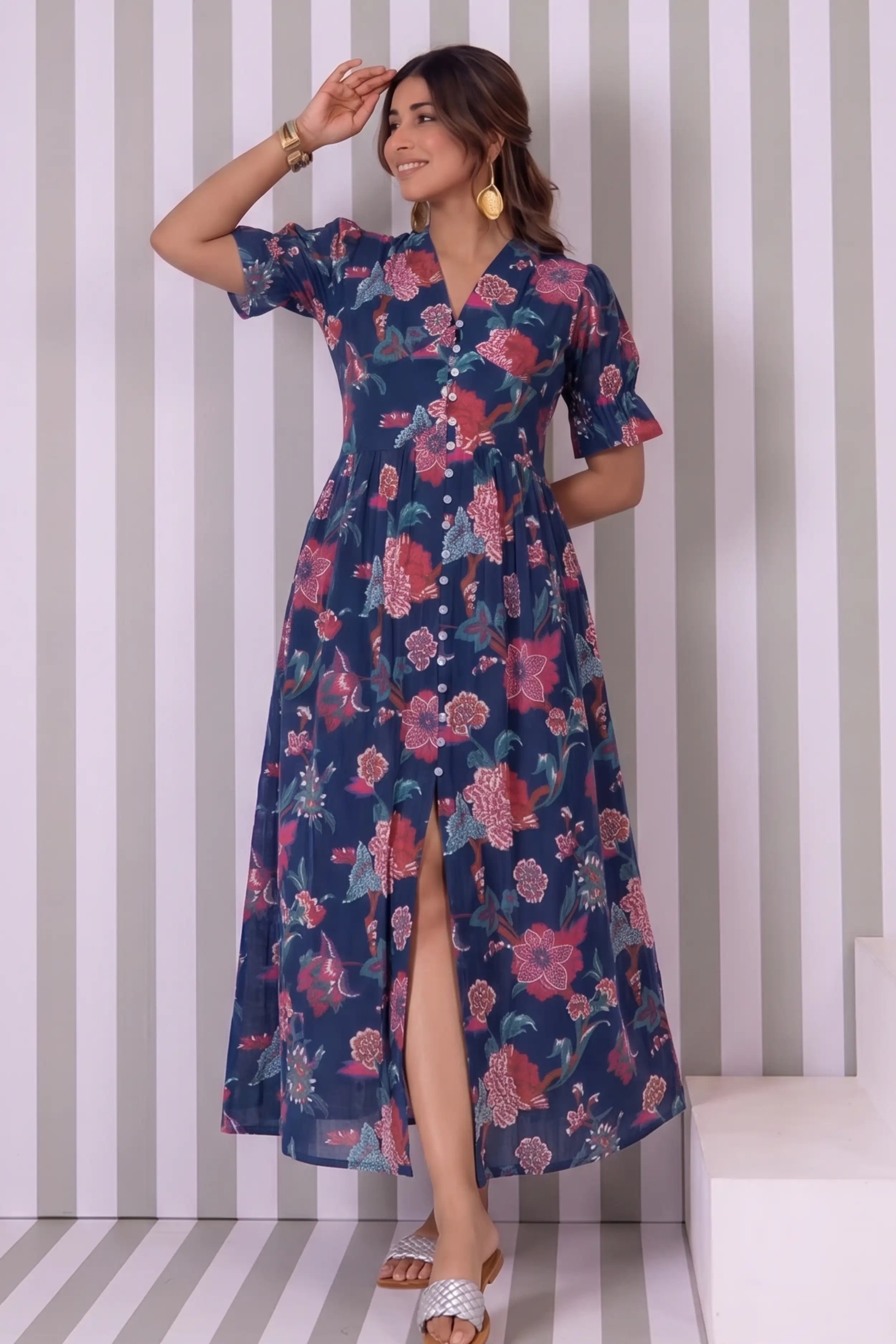 Blue Hand Printed V-Neck Front-Open Long Dress