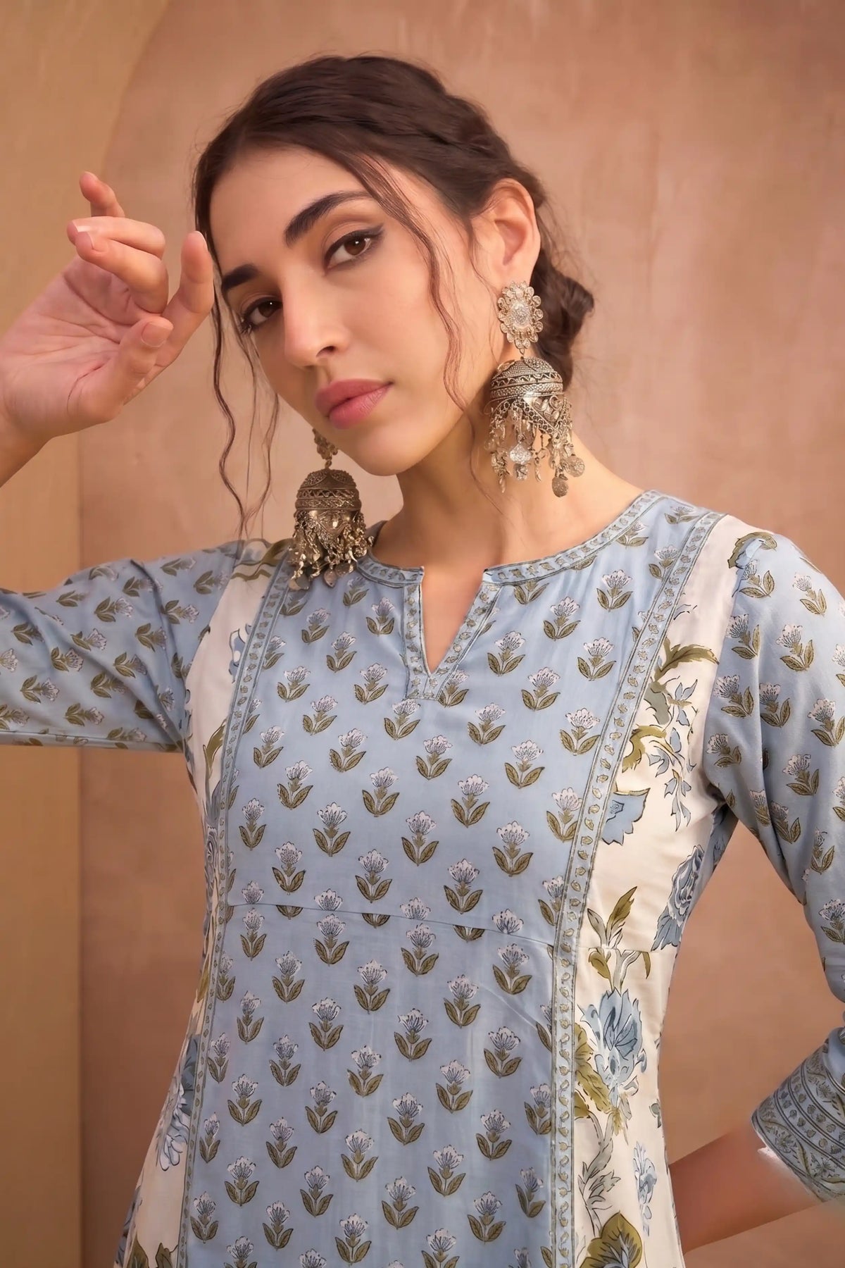 Sky Blue Hand Printed A-line Kurta