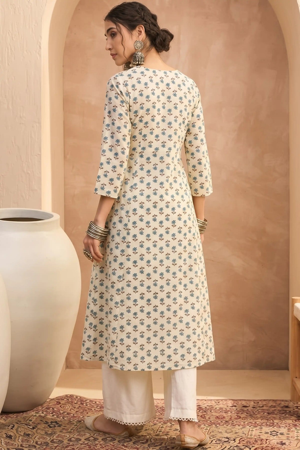 Cream Green A line kurta With Pocket