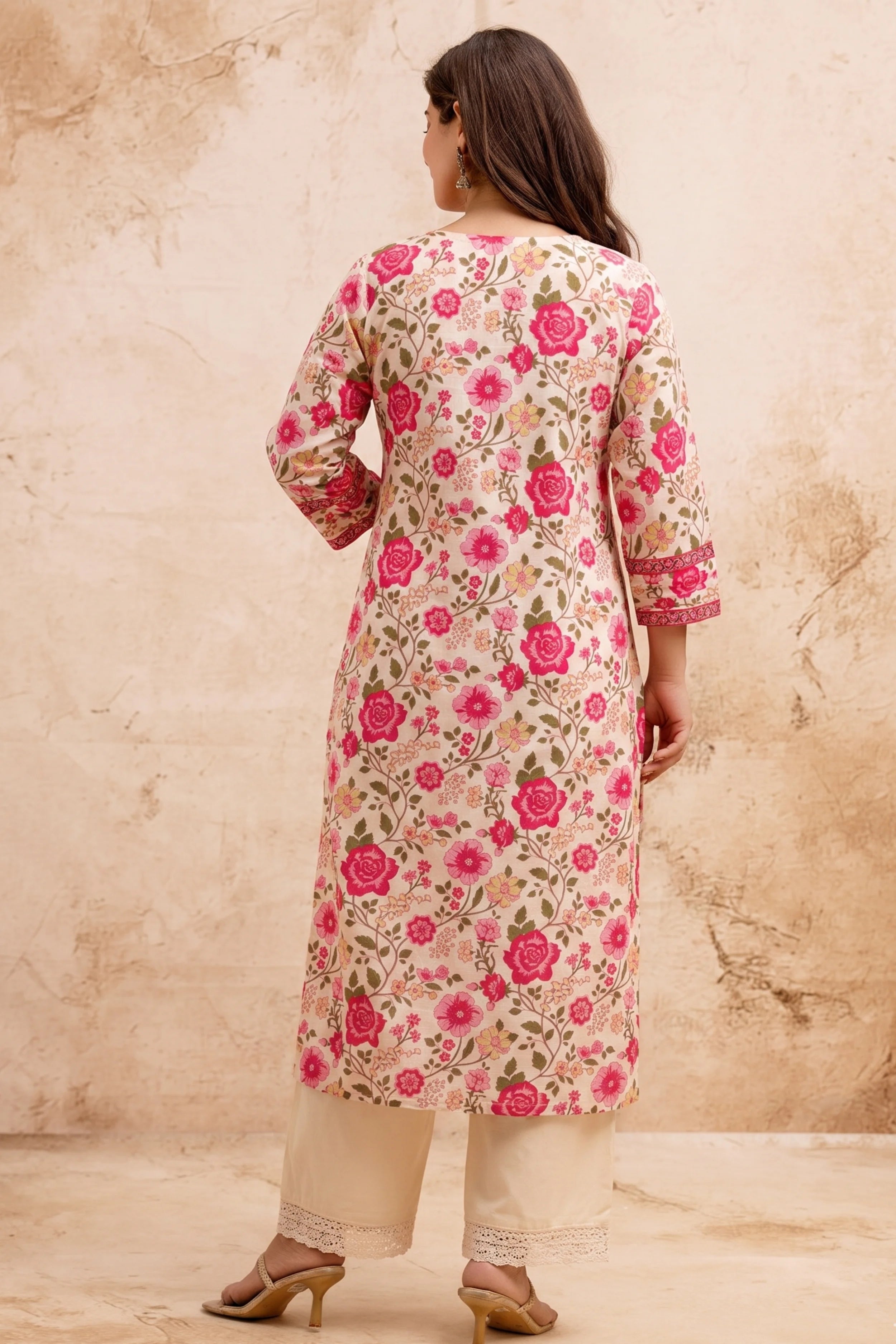 Pink Floral V-Neck Hand Printed Straight Kurta
