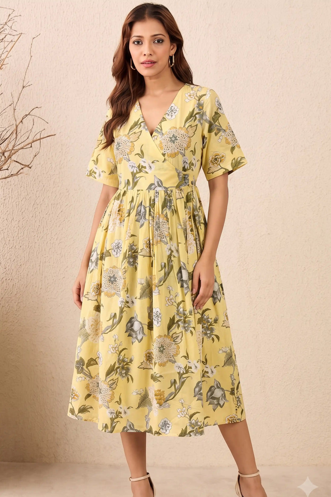 Yellow Hand Printed V-Neck Midi Dress In Angrakha style