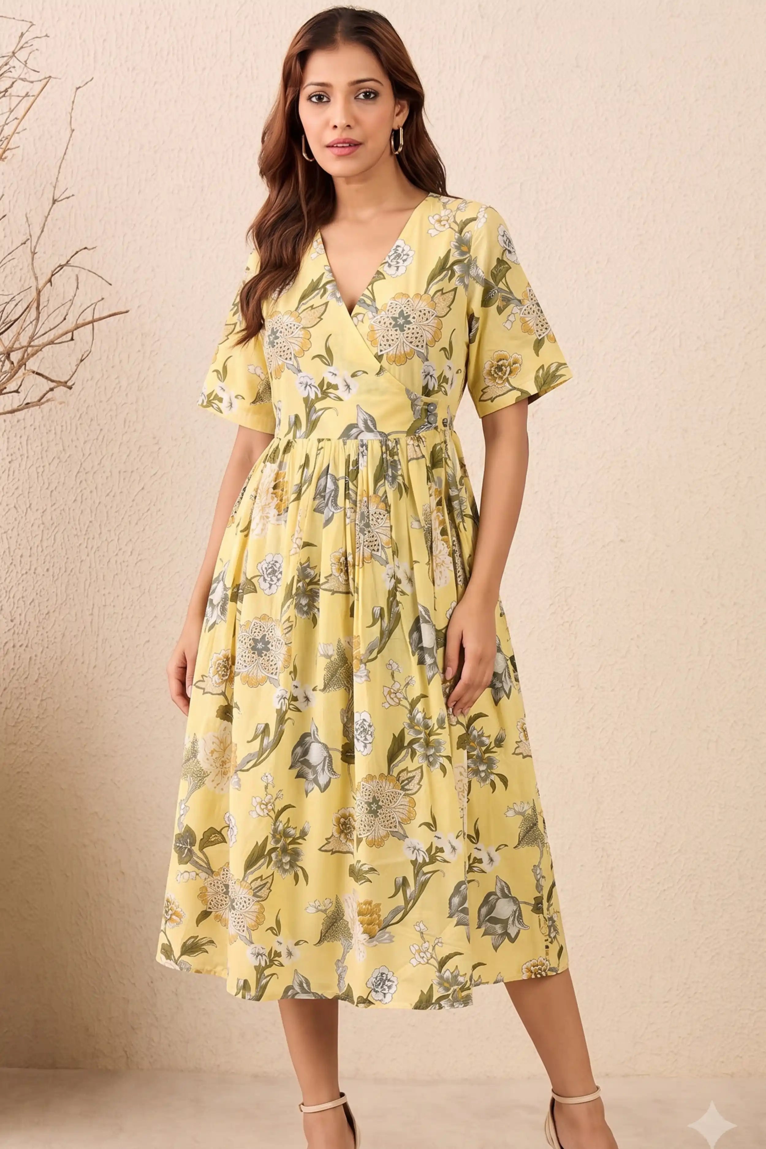 Yellow Hand Printed V-Neck Midi Dress In Angrakha style