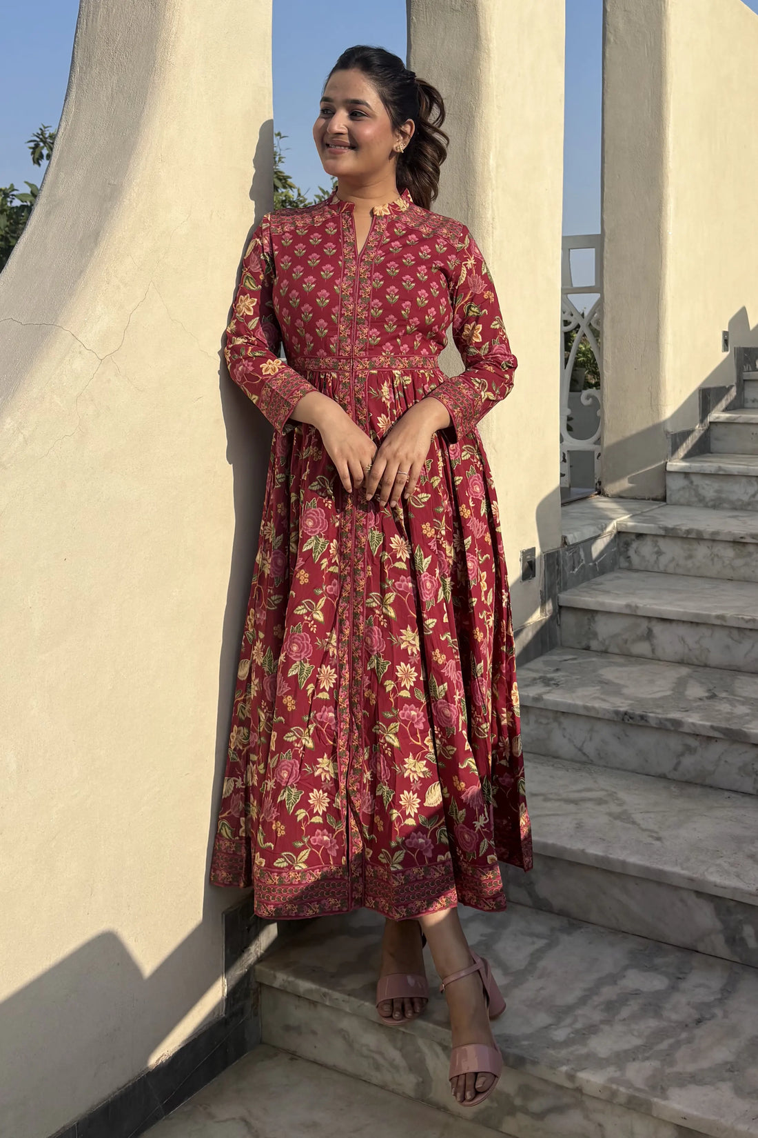 Wine Anarkali Cotton Hand Block Printed Ethnic Maxi Dress