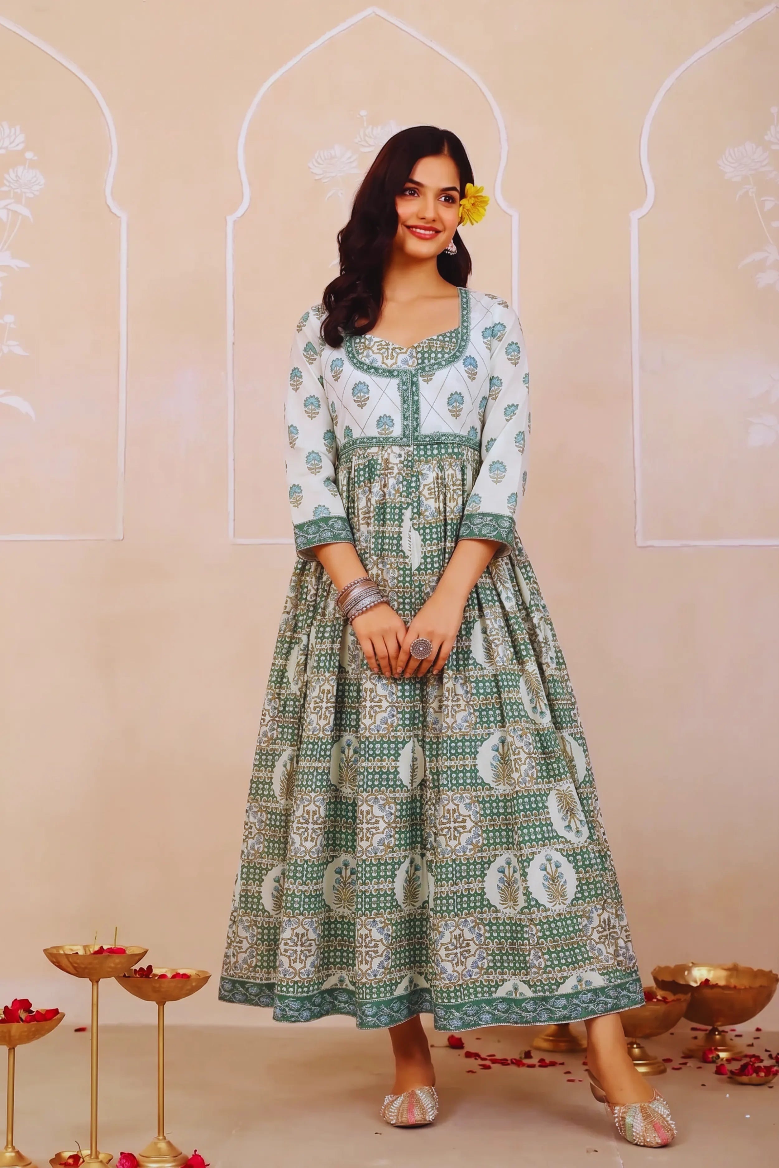 Light Green Hand Block Floral Printed Anarkali Maxi Kurta