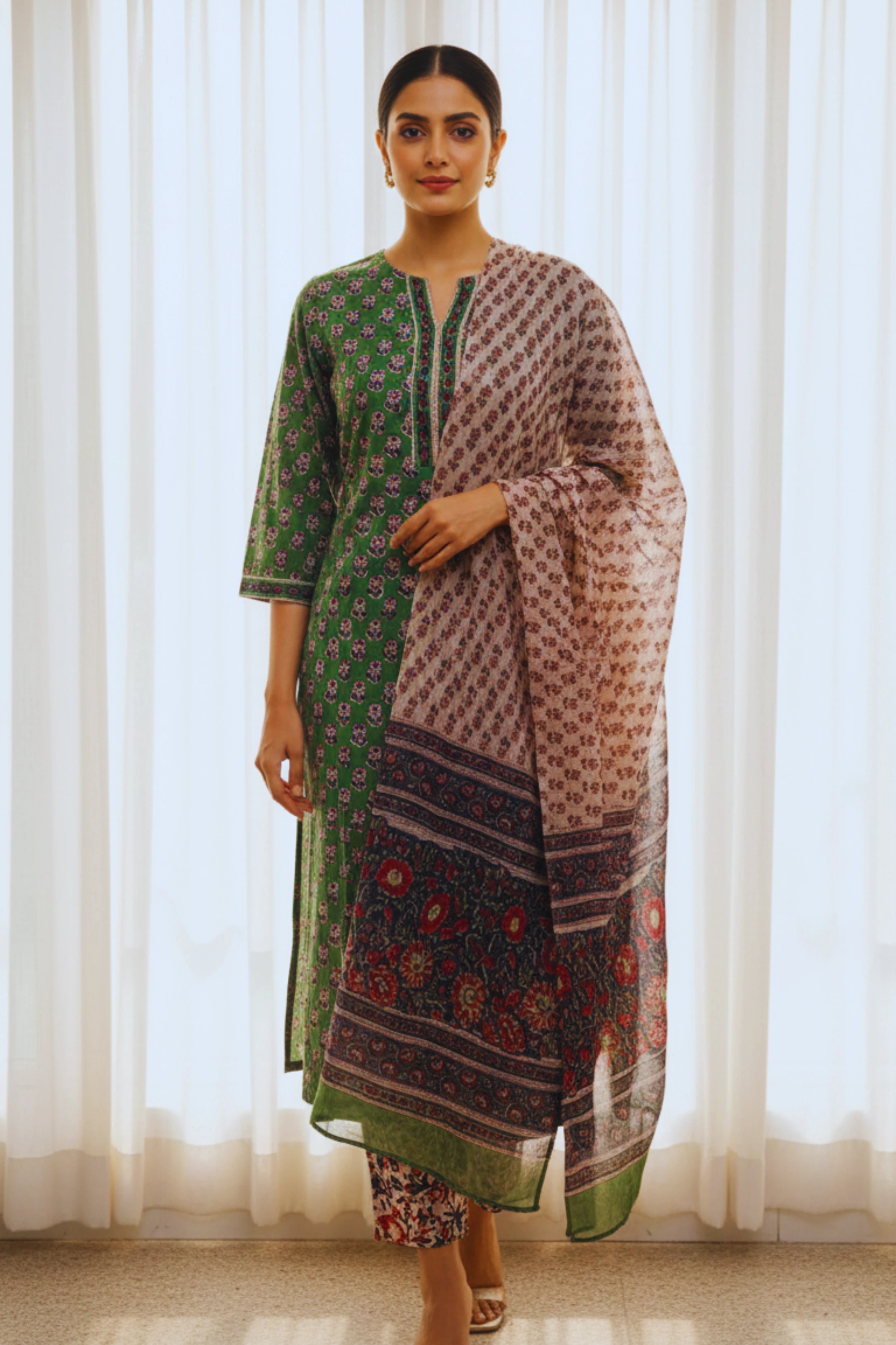 Green Hand Block Printed Straight cotton Kurta Set with Dupatta