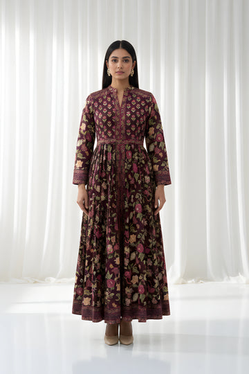 Burgundy Anarkali Cotton Hand Block Printed Ethnic Maxi Dress