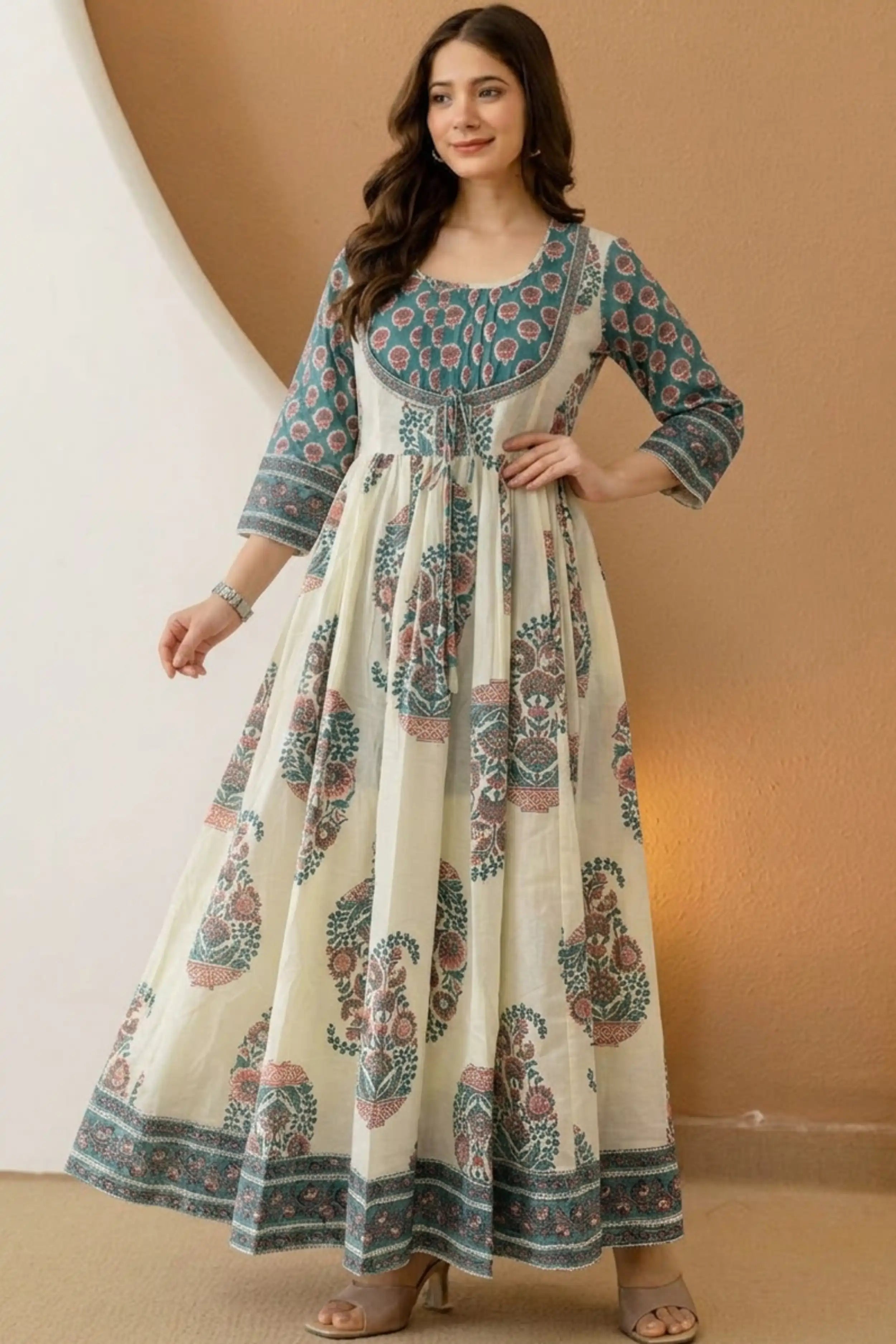 Sea Green Hand Block Floral Printed Anarkali Maxi Dress